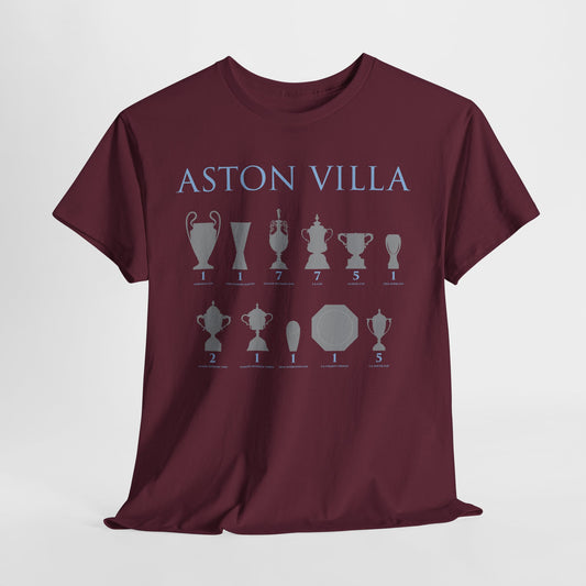 Aston Villa Trophies Unisex Heavy Cotton T-Shirt - Maroon/White/Light Blue