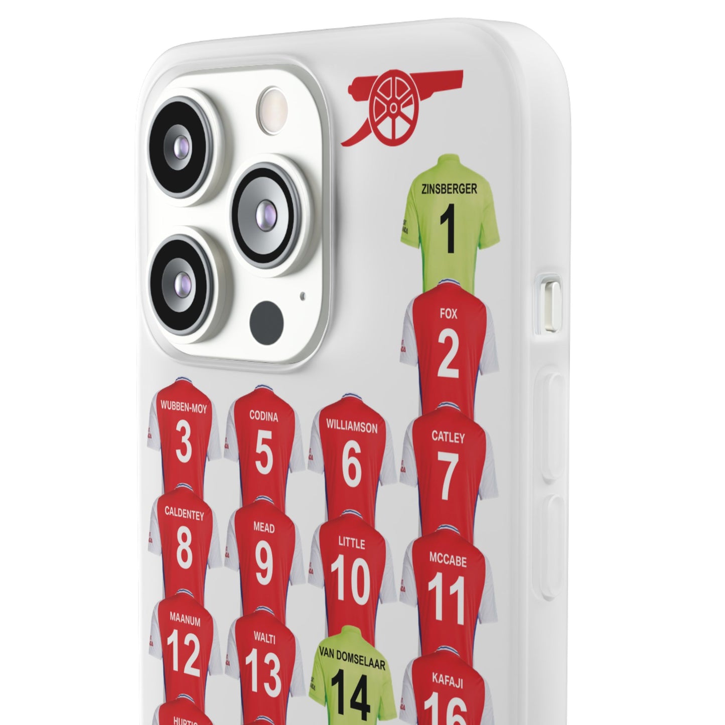 Arsenal Women Home Kit iPhone Flexi Case - iPhone 16, 15, 14, 13, 12, Mini/Plus/Pro/Pro Max - White