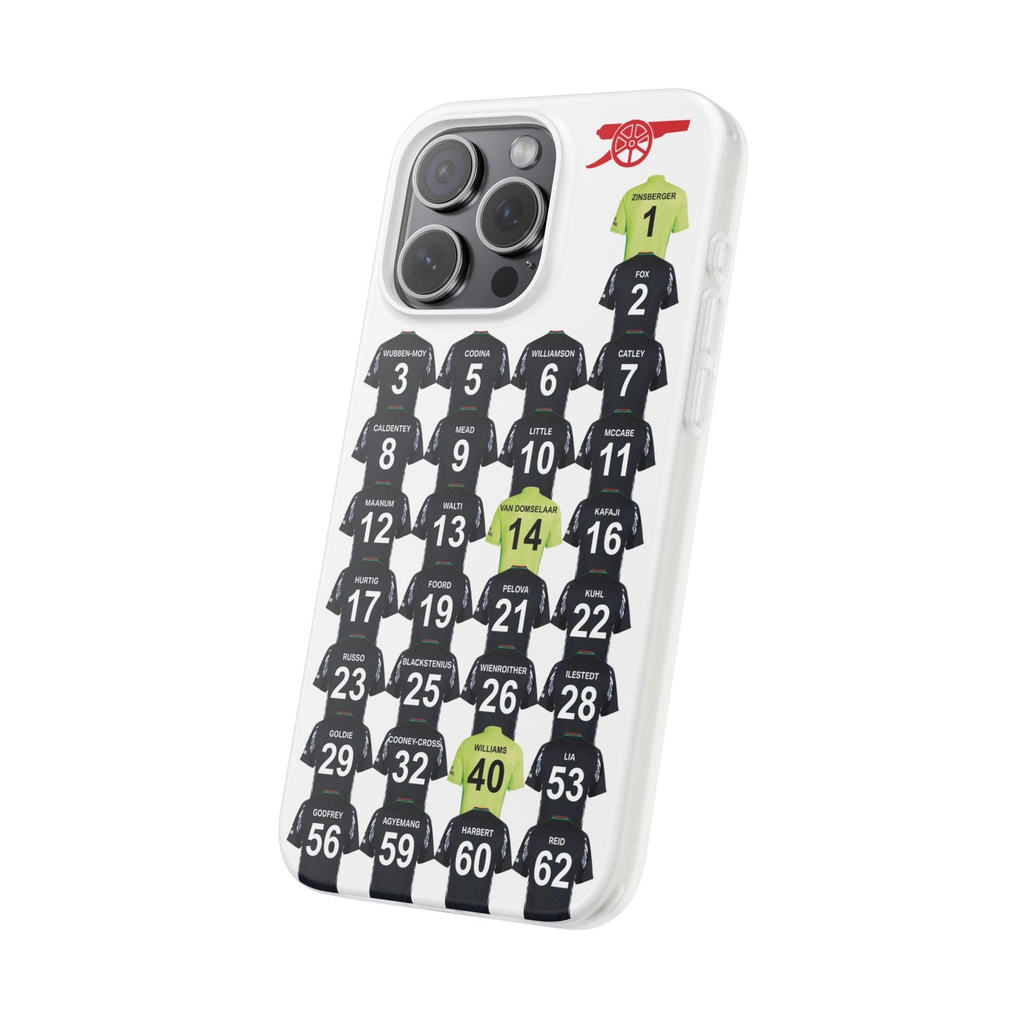 Arsenal Women Away Kit iPhone Flexi Case - iPhone 16, 15, 14, 13, 12, Mini/Plus/Pro/Pro Max - White