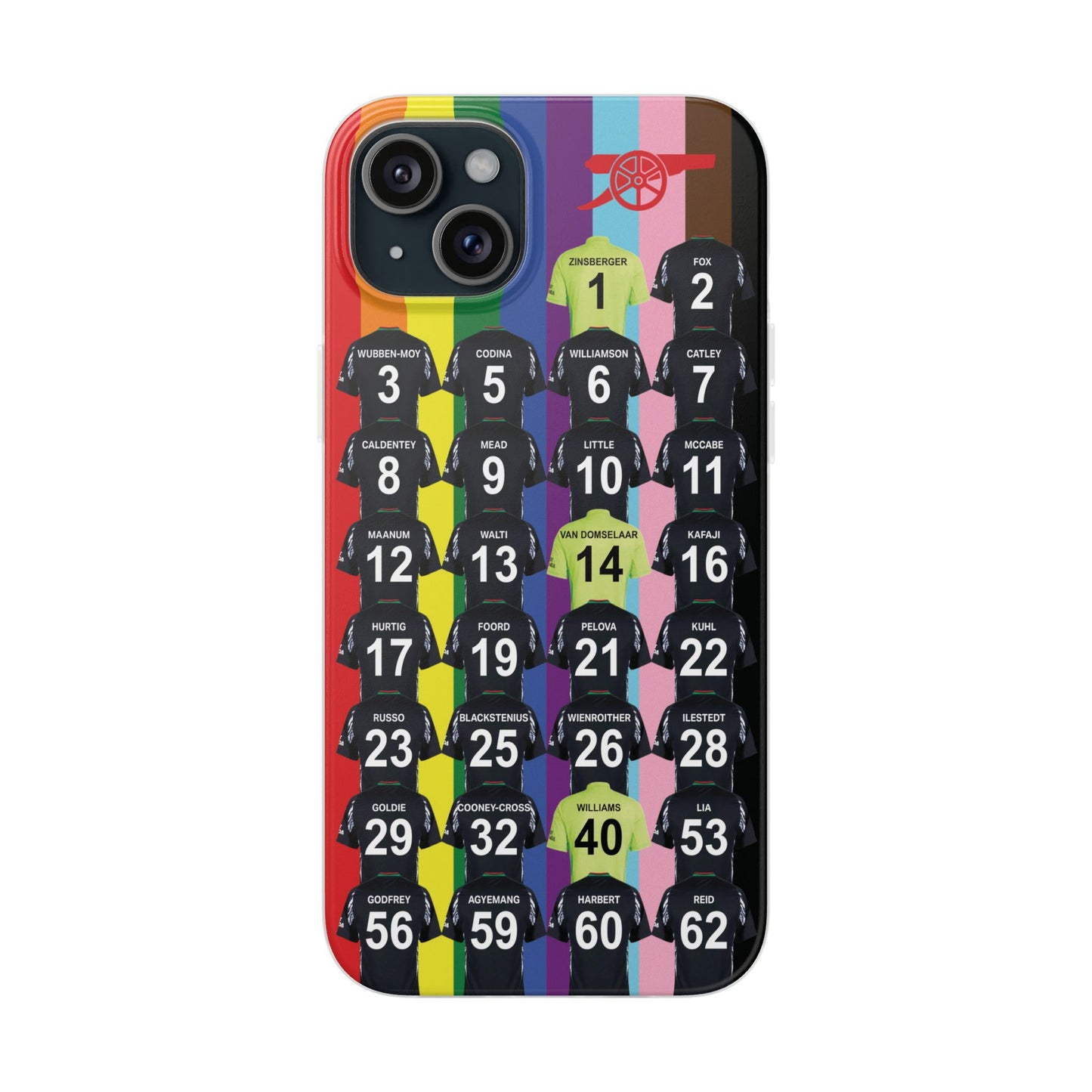 Arsenal Women Away Kit iPhone Flexi Case - iPhone 16, 15, 14, 13, 12, Mini/Plus/Pro/Pro Max - Rainbow