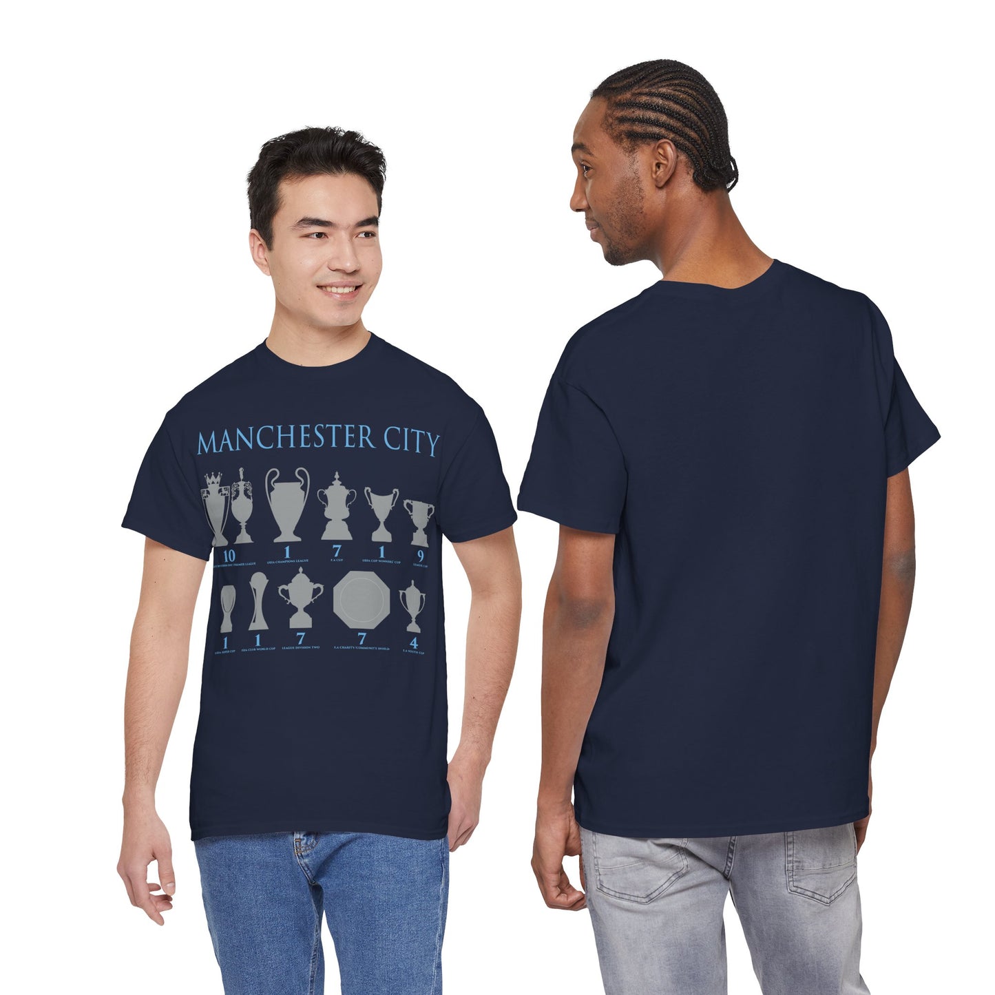 Manchester City Trophies Unisex Heavy Cotton T-Shirt - Light Blue/White/Black/Navy