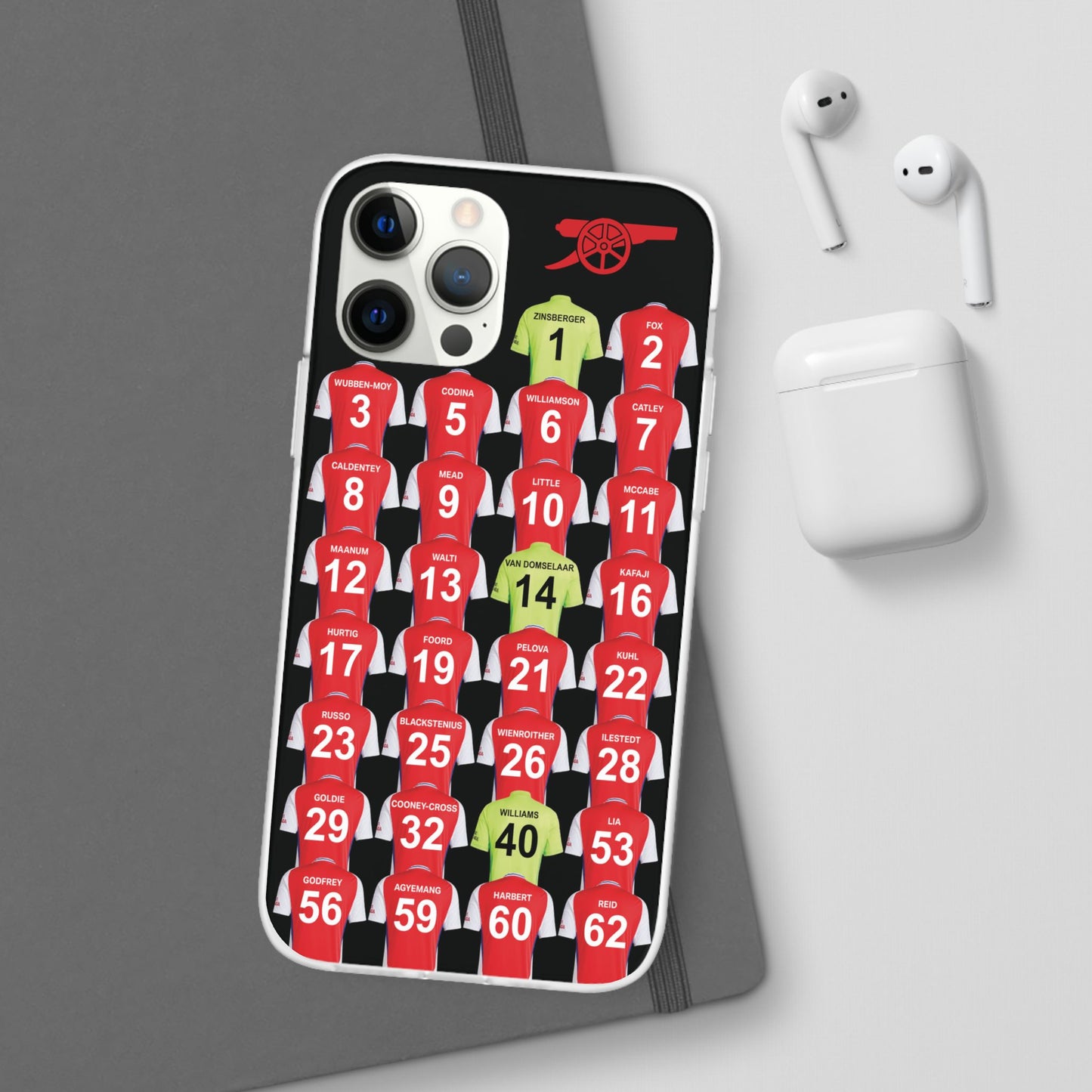 Arsenal Women Home Kit iPhone Flexi Case - iPhone 16, 15, 14, 13, 12, Mini/Plus/Pro/Pro Max - Black