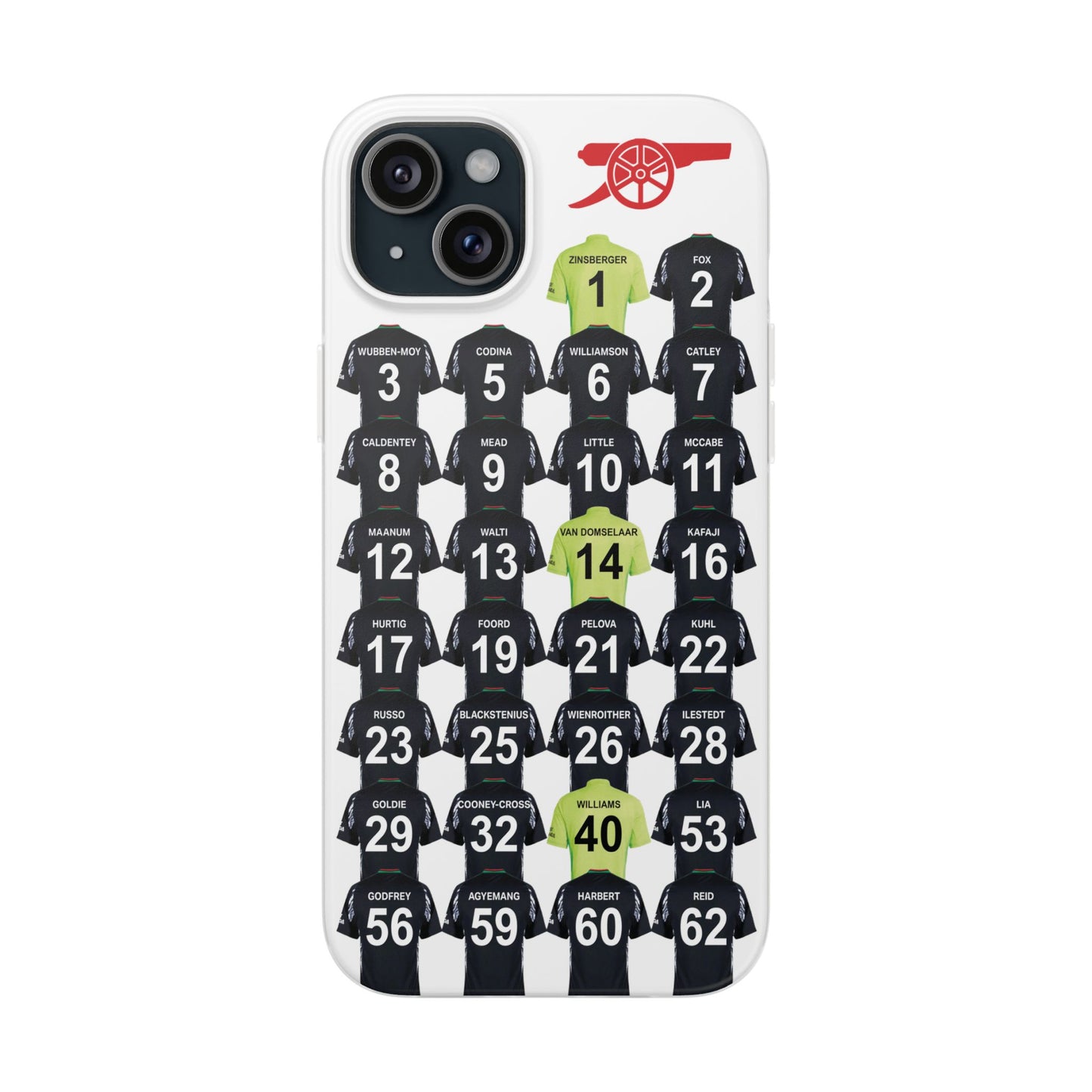 Arsenal Women Away Kit iPhone Flexi Case - iPhone 16, 15, 14, 13, 12, Mini/Plus/Pro/Pro Max - White