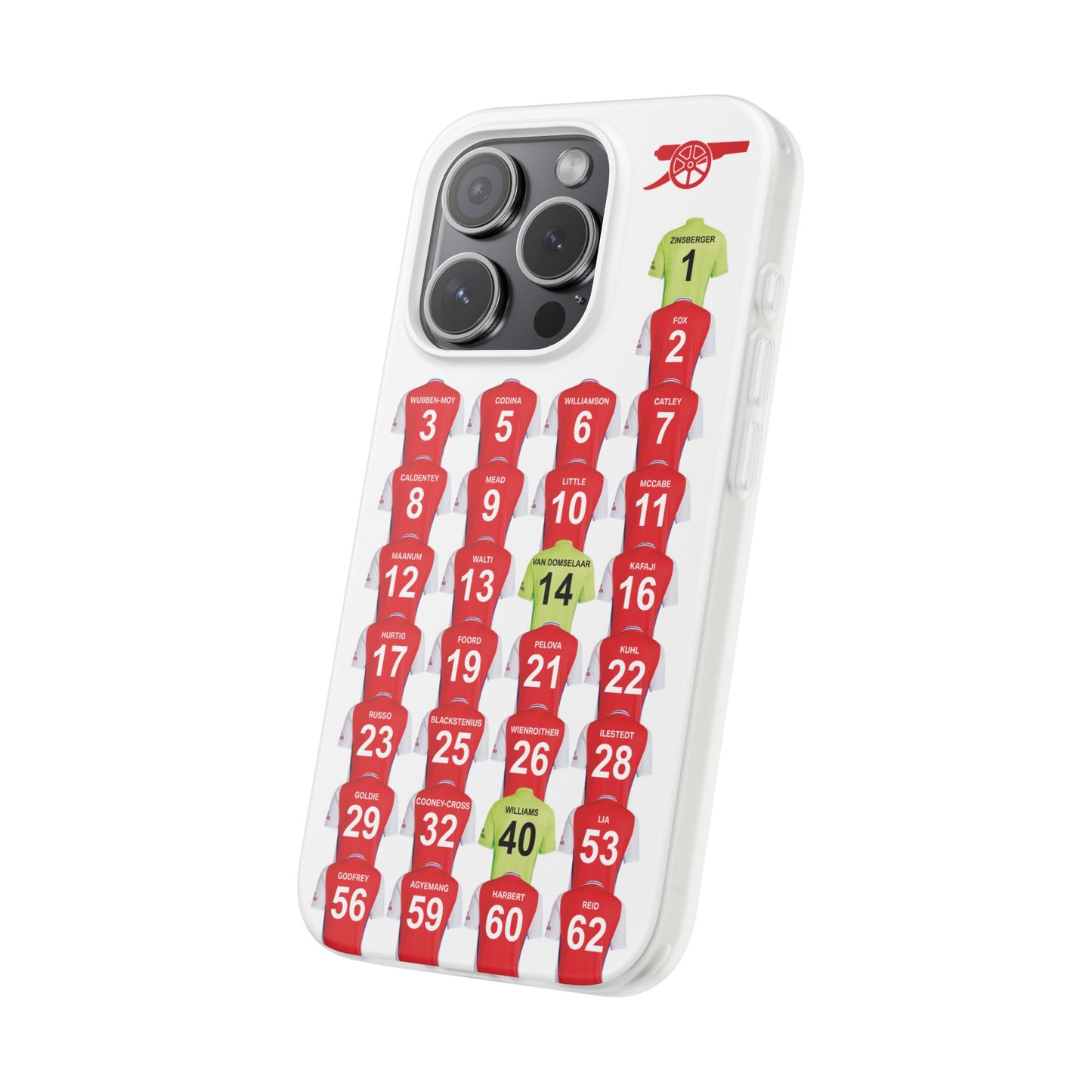 Arsenal Women Home Kit iPhone Flexi Case - iPhone 16, 15, 14, 13, 12, Mini/Plus/Pro/Pro Max - White