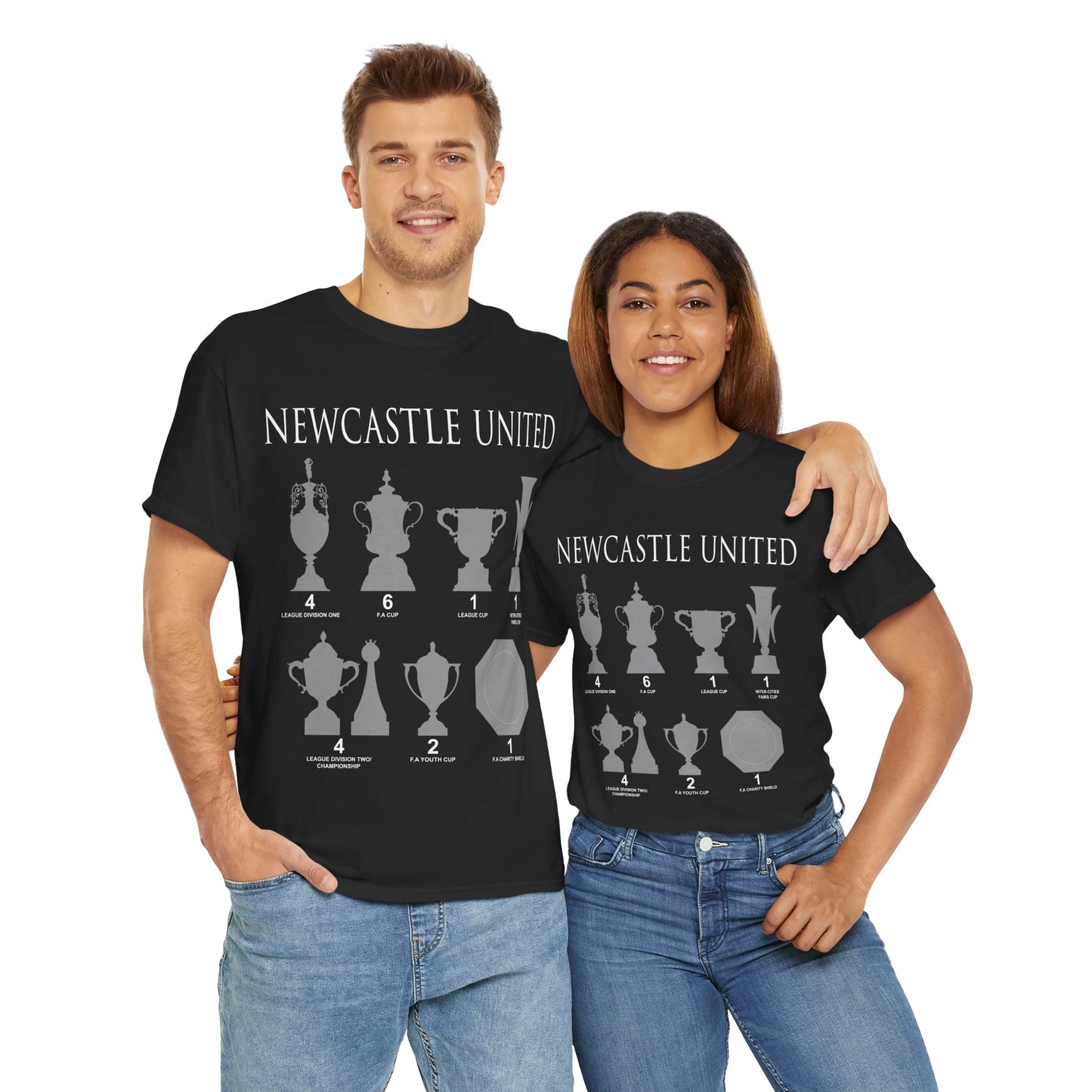 Newcastle United Trophies Unisex Heavy Cotton T-Shirt UPDATED - Black/White/Sport Grey/Charcoal