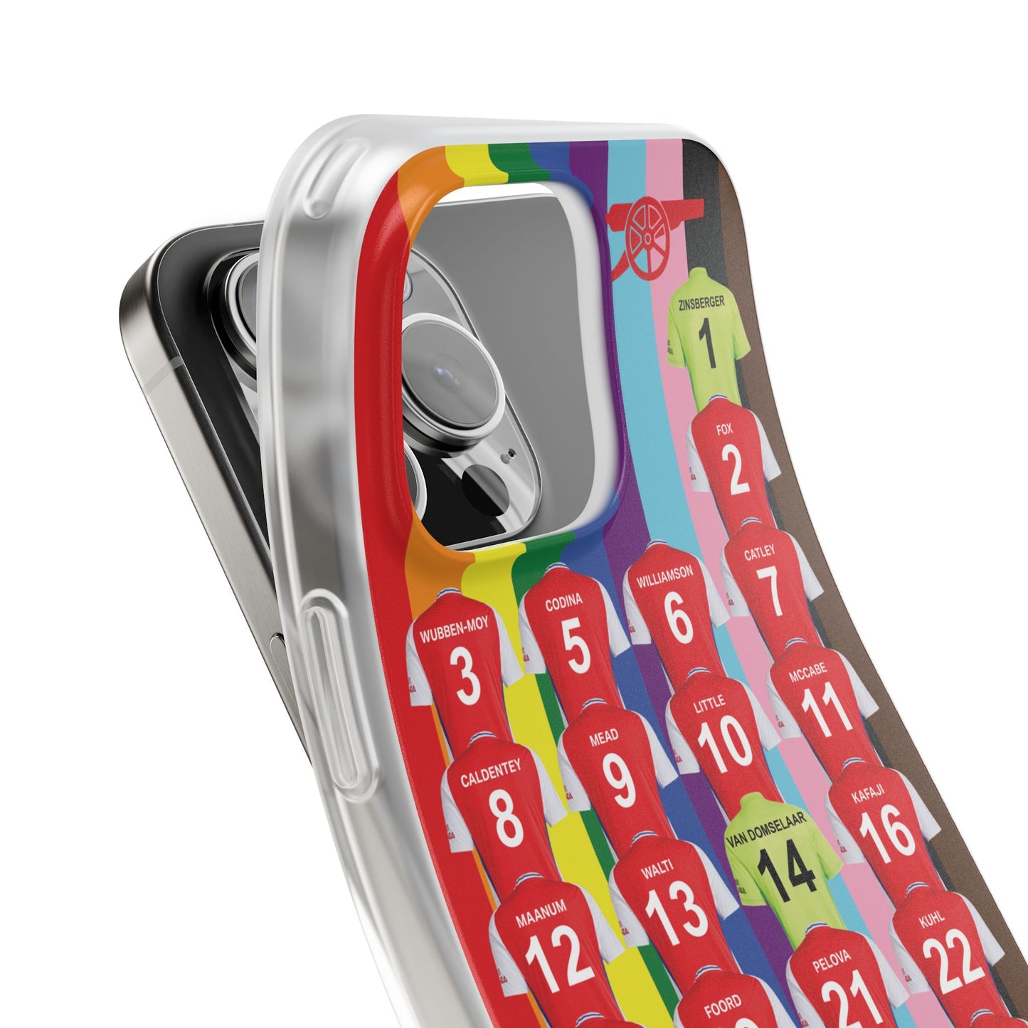 Arsenal Women Home Kit iPhone Flexi Case - iPhone 16, 15, 14, 13, 12, Mini/Plus/Pro/Pro Max - Rainbow