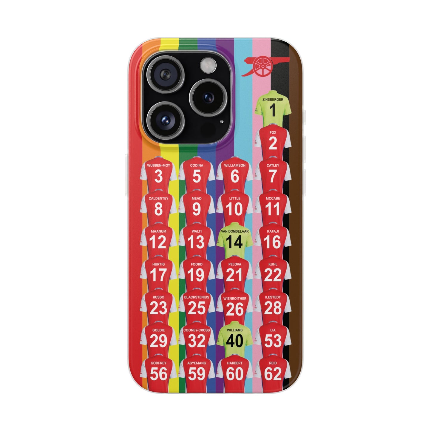 Arsenal Women Home Kit iPhone Flexi Case - iPhone 16, 15, 14, 13, 12, Mini/Plus/Pro/Pro Max - Rainbow