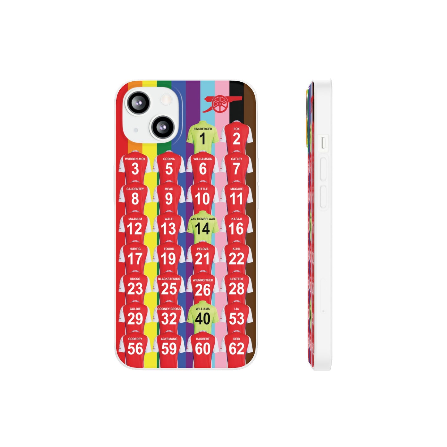 Arsenal Women Home Kit iPhone Flexi Case - iPhone 16, 15, 14, 13, 12, Mini/Plus/Pro/Pro Max - Rainbow