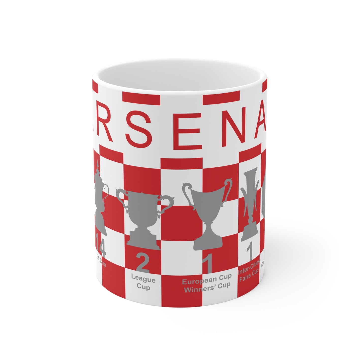 Arsenal Red & White Chequered Trophies Mug UPDATED - Red Text