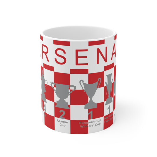 Arsenal Red & White Chequered Trophies Mug UPDATED - Red Text