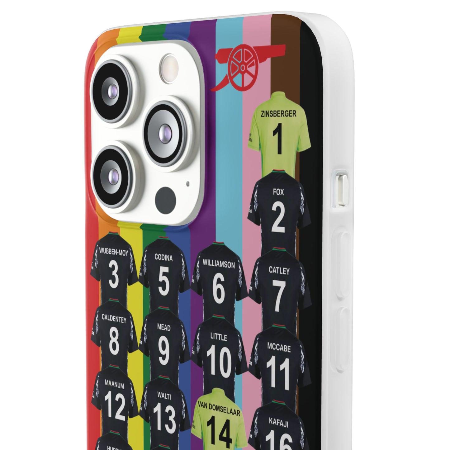 Arsenal Women Away Kit iPhone Flexi Case - iPhone 16, 15, 14, 13, 12, Mini/Plus/Pro/Pro Max - Rainbow