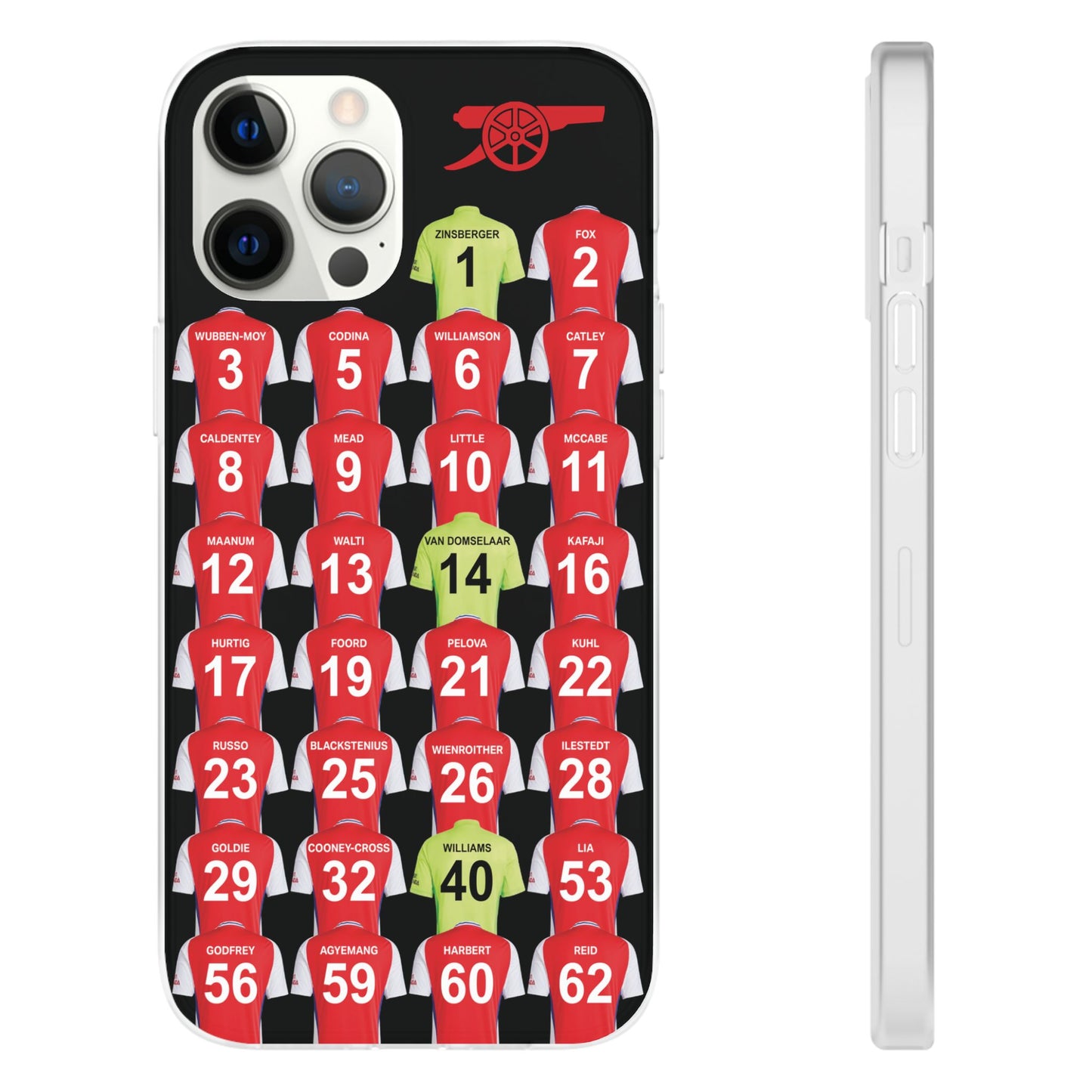 Arsenal Women Home Kit iPhone Flexi Case - iPhone 16, 15, 14, 13, 12, Mini/Plus/Pro/Pro Max - Black