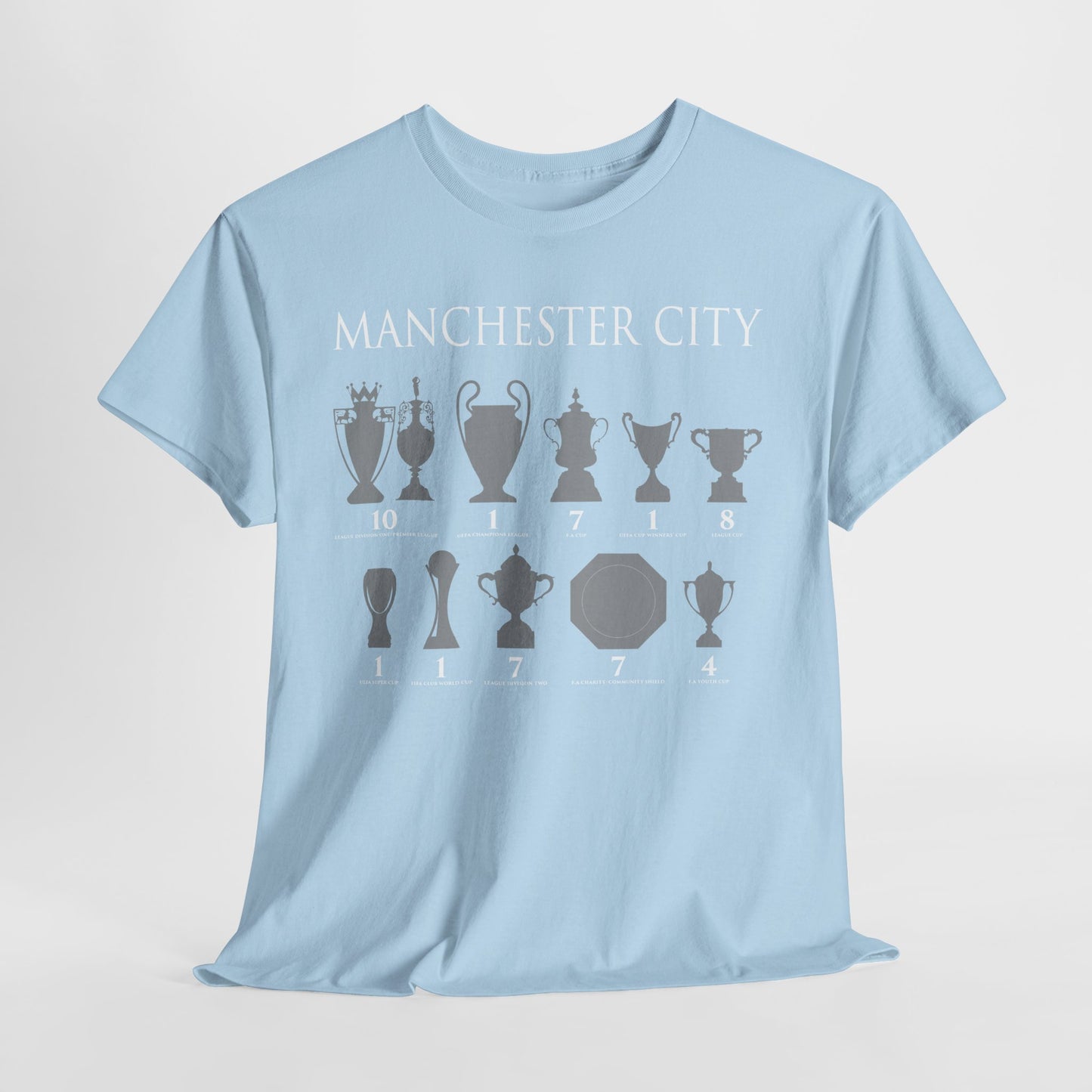 Manchester City Trophies Unisex Heavy Cotton T-Shirt - Light Blue/White/Black/Navy