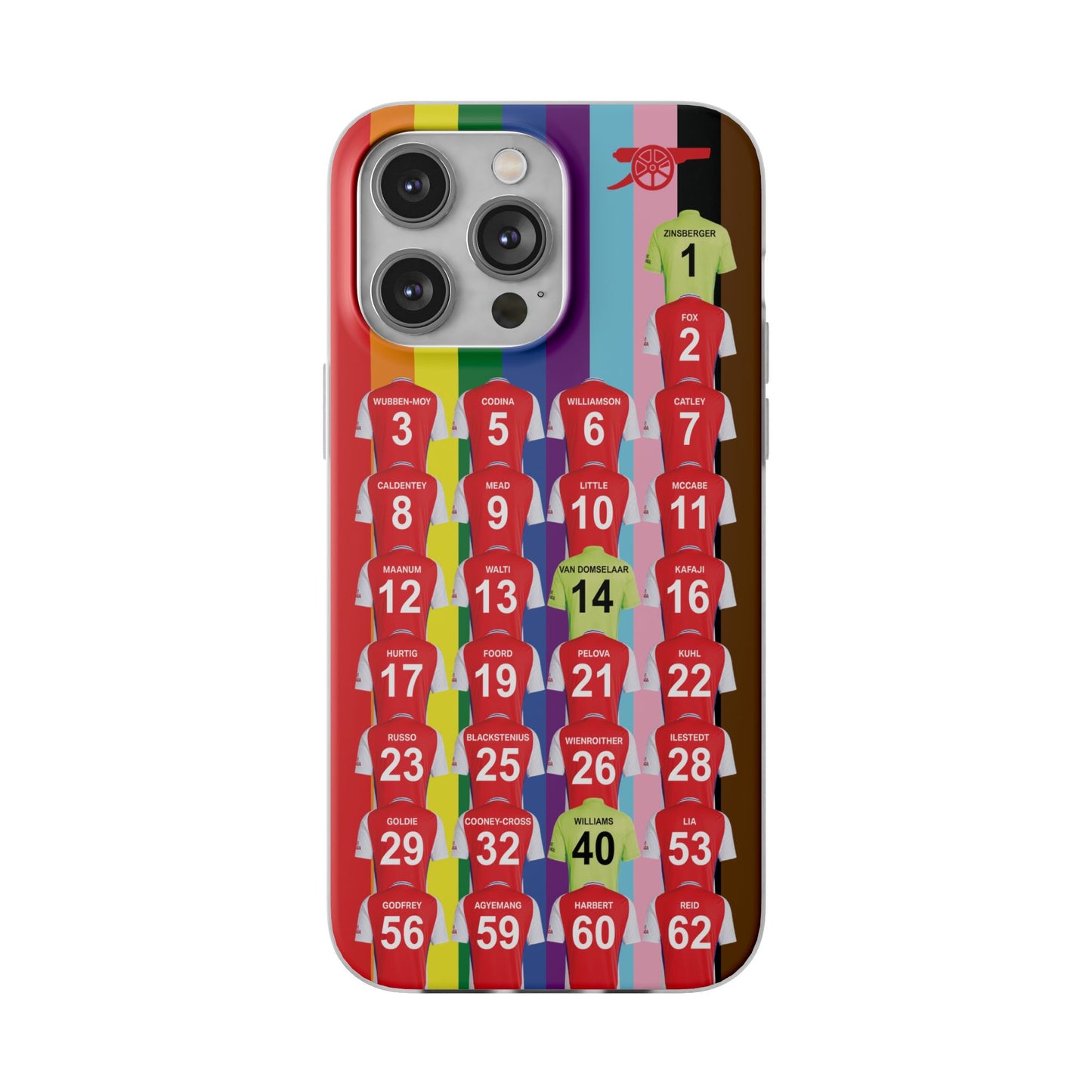 Arsenal Women Home Kit iPhone Flexi Case - iPhone 16, 15, 14, 13, 12, Mini/Plus/Pro/Pro Max - Rainbow