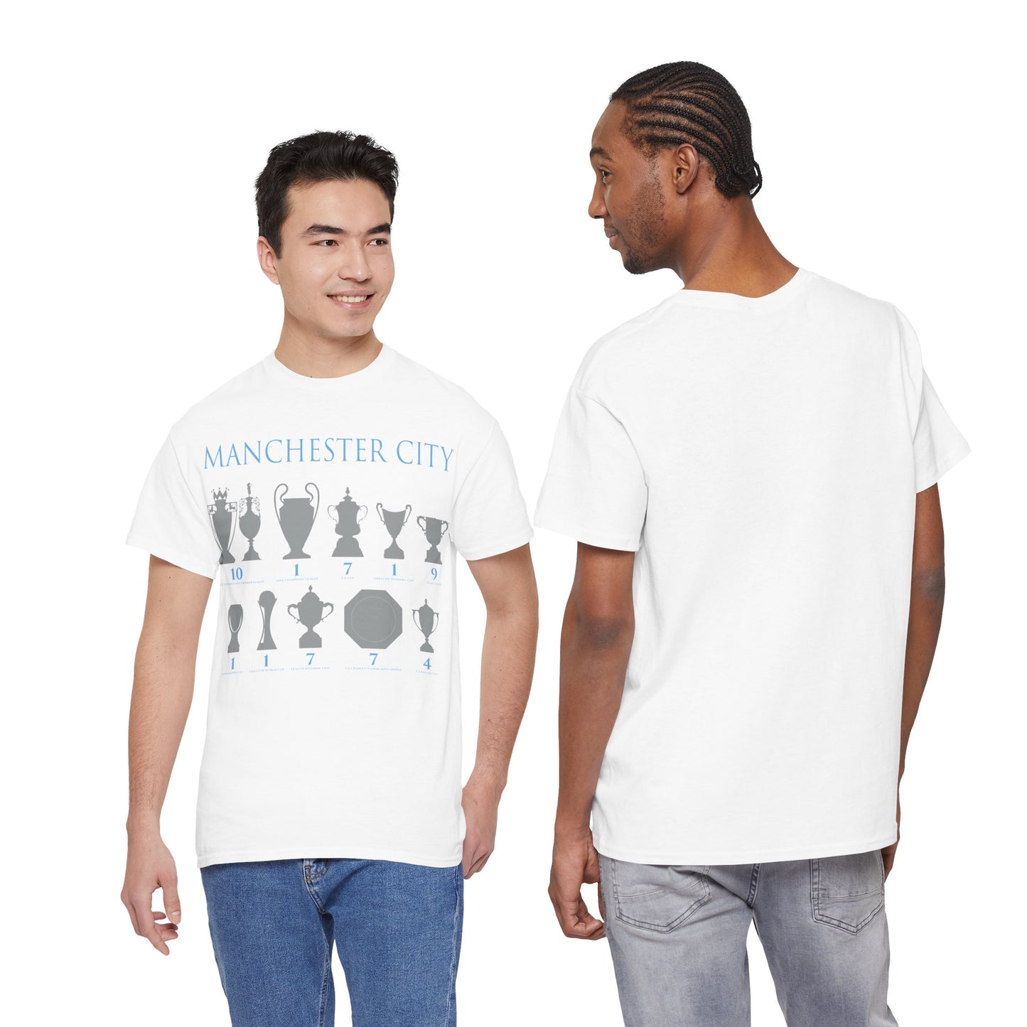 Manchester City Trophies Unisex Heavy Cotton T-Shirt - Light Blue/White/Black/Navy