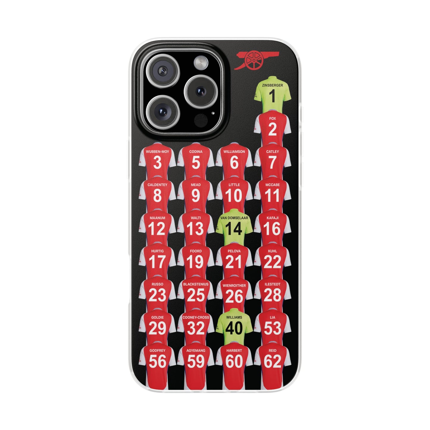 Arsenal Women Home Kit iPhone Flexi Case - iPhone 16, 15, 14, 13, 12, Mini/Plus/Pro/Pro Max - Black