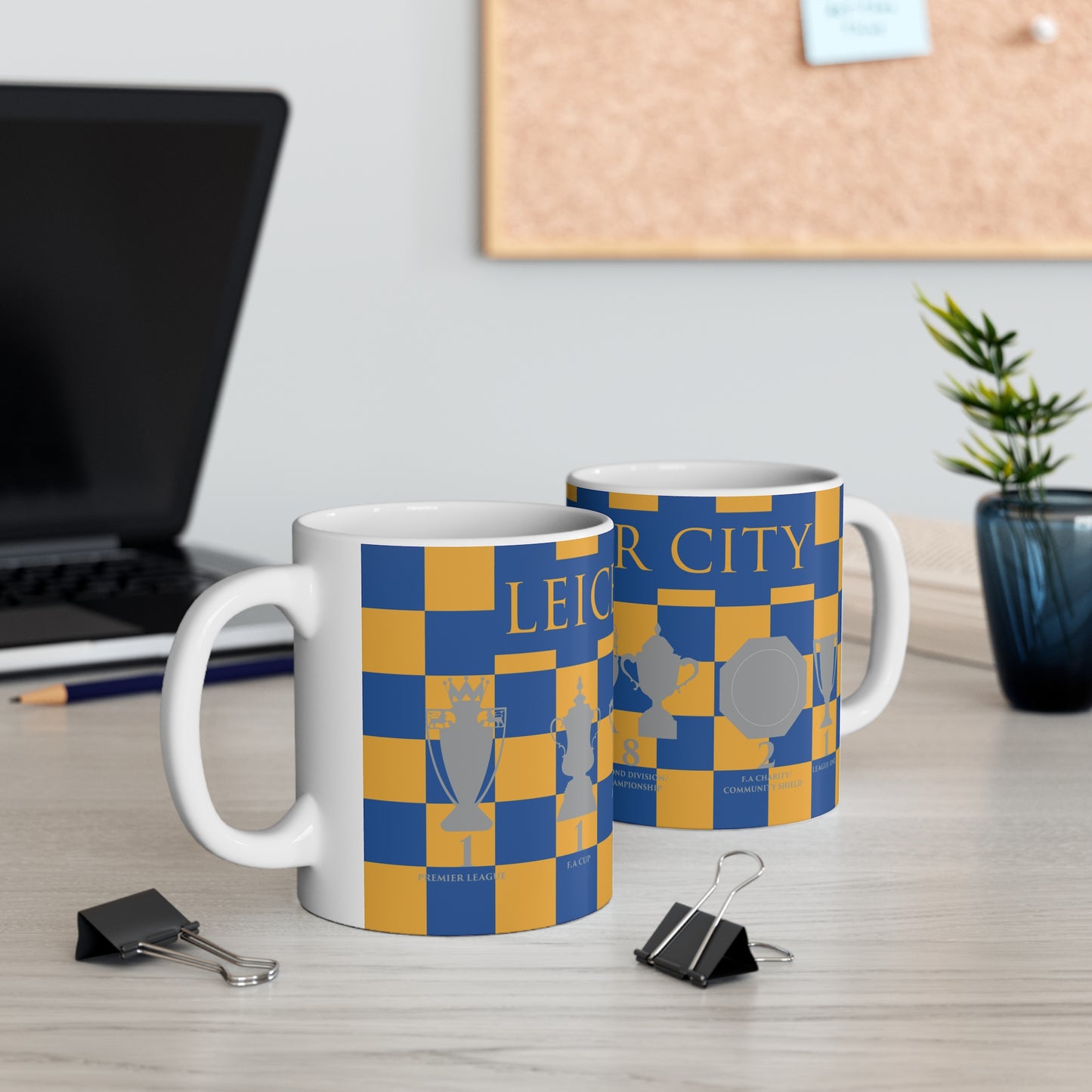 Leicester City Yellow & Blue Chequered Trophies Mug - Yellow Header Text