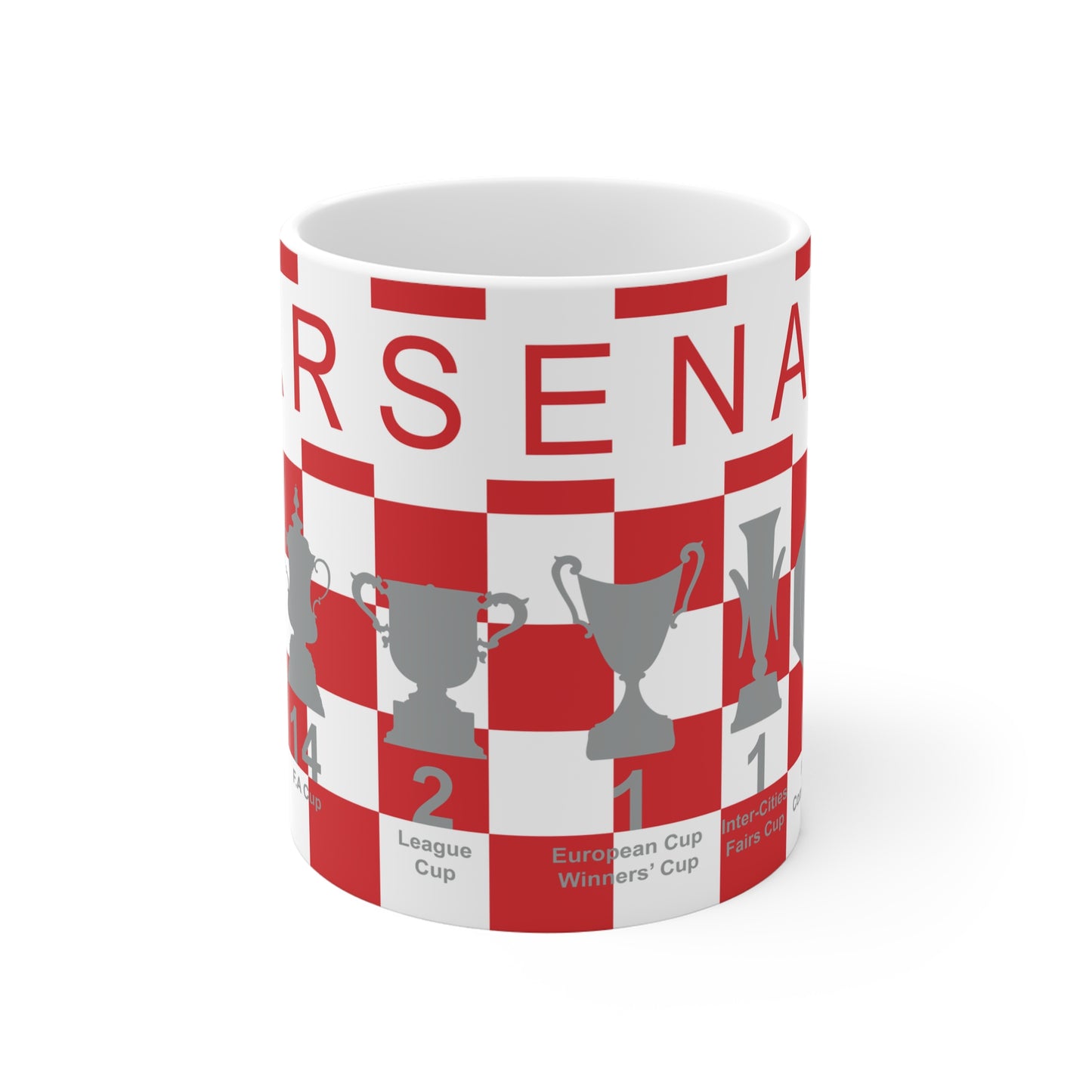 Arsenal Red & White Chequered Trophies Mug UPDATED - Red Text