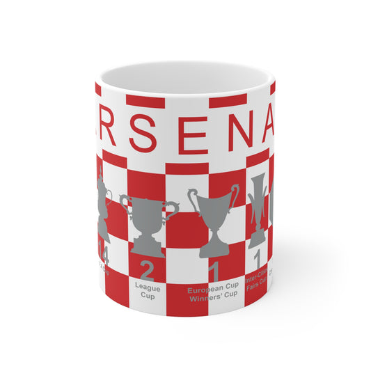 Arsenal Red & White Chequered Trophies Mug UPDATED - Red Text