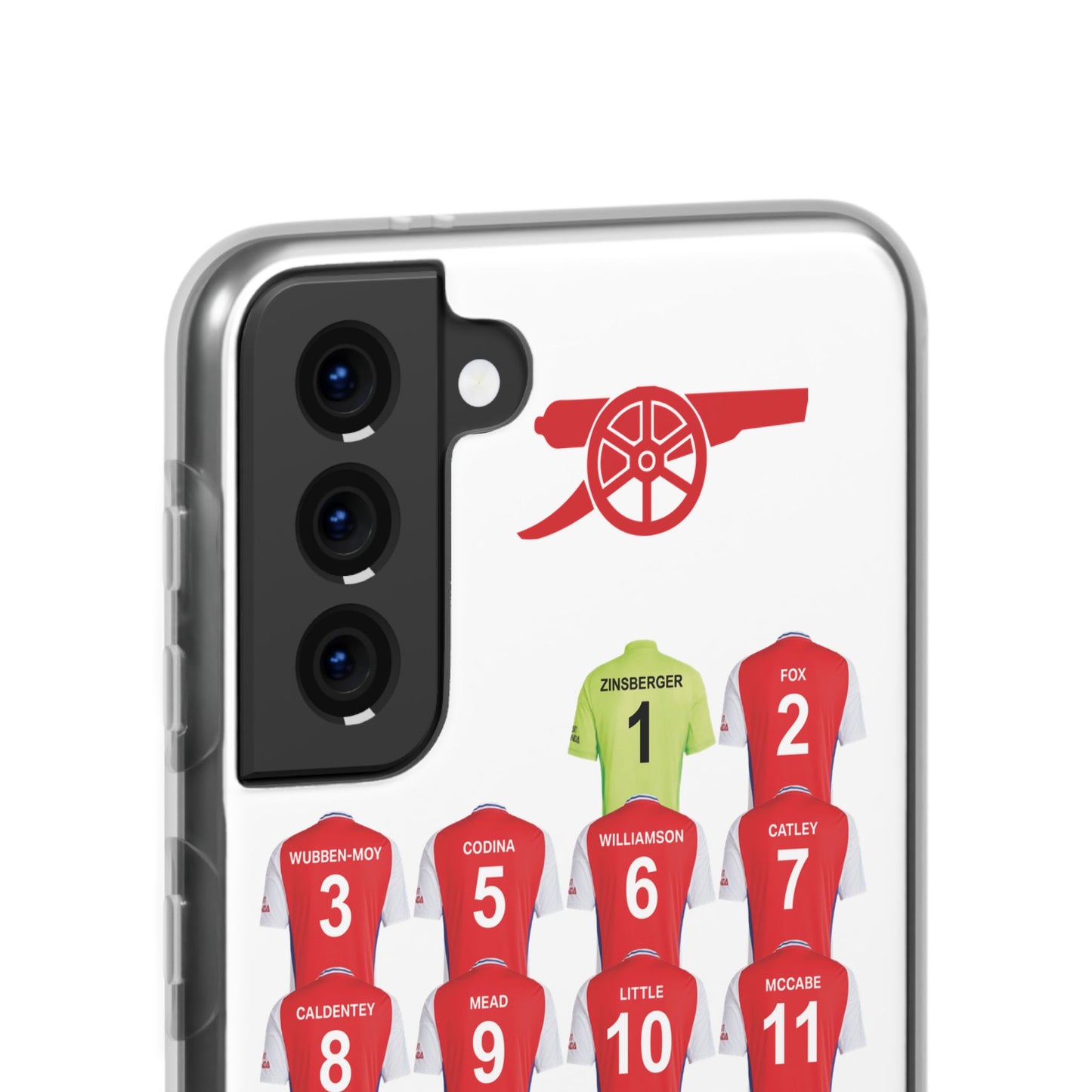 Arsenal Women Home Kit Samsung Galaxy Flexi Case - Samsung Galaxy S23, S22, S21, S10, Plus/Ultra - White