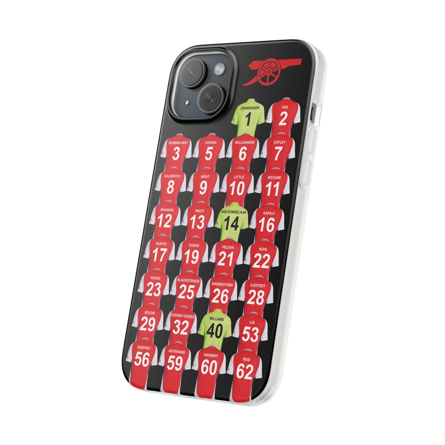 Arsenal Women Home Kit iPhone Flexi Case - iPhone 16, 15, 14, 13, 12, Mini/Plus/Pro/Pro Max - Black