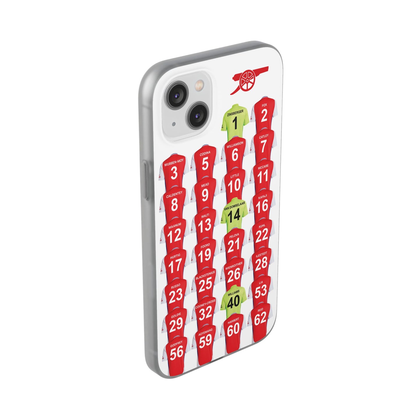 Arsenal Women Home Kit iPhone Flexi Case - iPhone 16, 15, 14, 13, 12, Mini/Plus/Pro/Pro Max - White