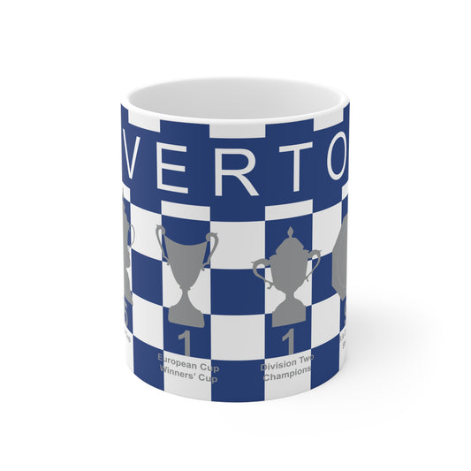 Everton Blue & White Chequered Trophies Mug - White Header Text