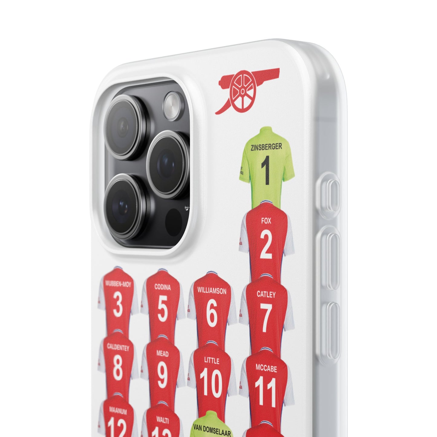 Arsenal Women Home Kit iPhone Flexi Case - iPhone 16, 15, 14, 13, 12, Mini/Plus/Pro/Pro Max - White