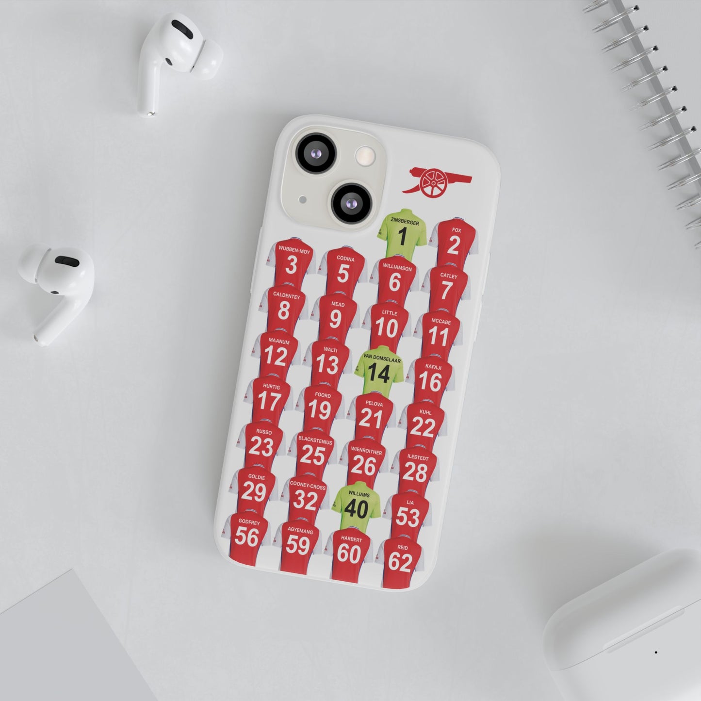 Arsenal Women Home Kit iPhone Flexi Case - iPhone 16, 15, 14, 13, 12, Mini/Plus/Pro/Pro Max - White