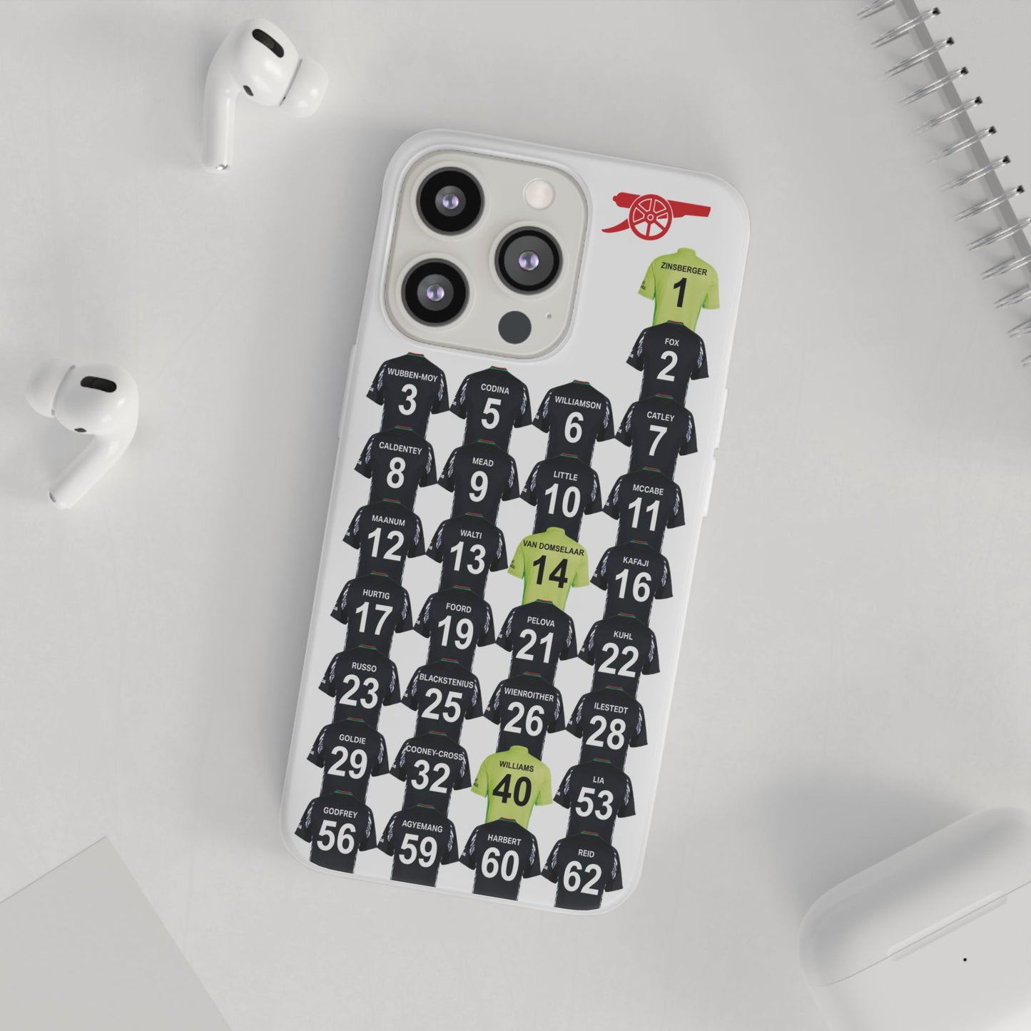 Arsenal Women Away Kit iPhone Flexi Case - iPhone 16, 15, 14, 13, 12, Mini/Plus/Pro/Pro Max - White