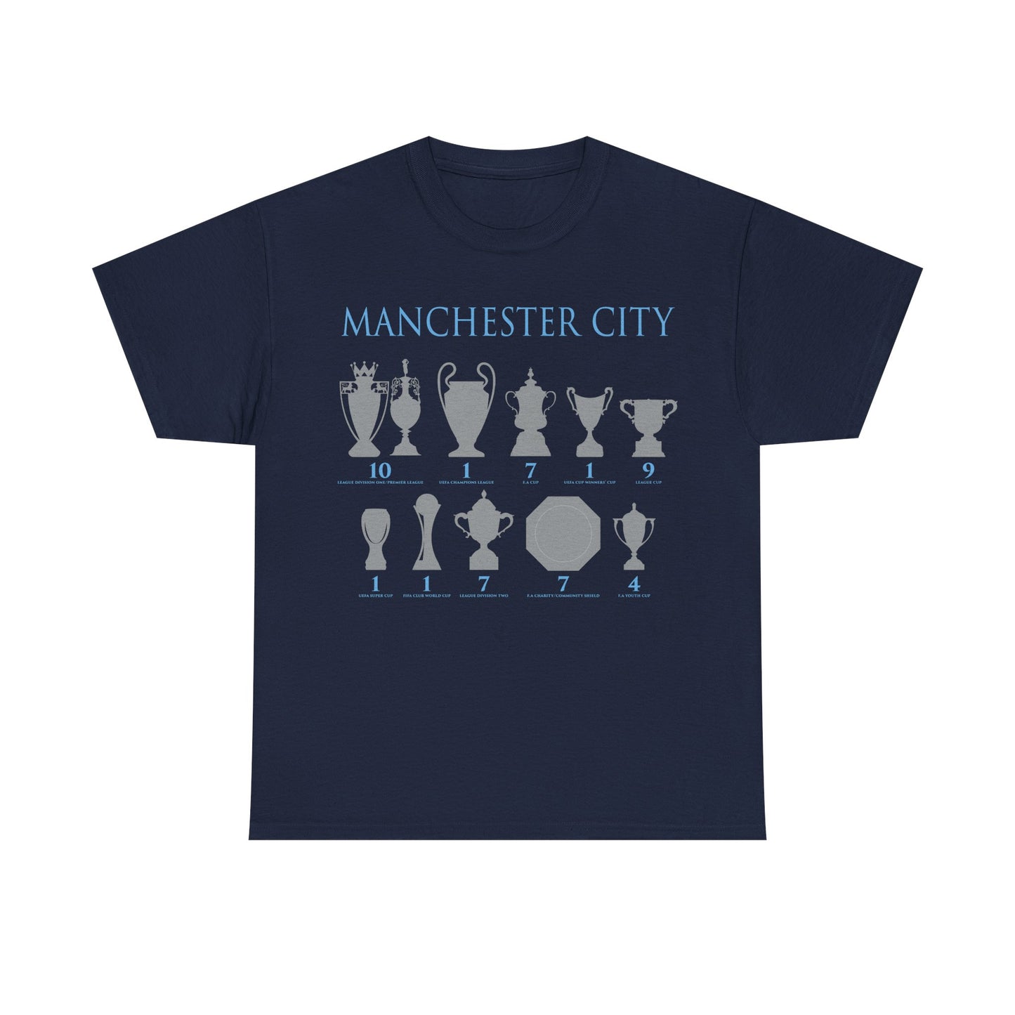 Manchester City Trophies Unisex Heavy Cotton T-Shirt - Light Blue/White/Black/Navy