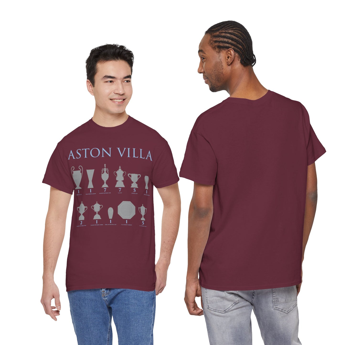 Aston Villa Trophies Unisex Heavy Cotton T-Shirt - Maroon/White/Light Blue