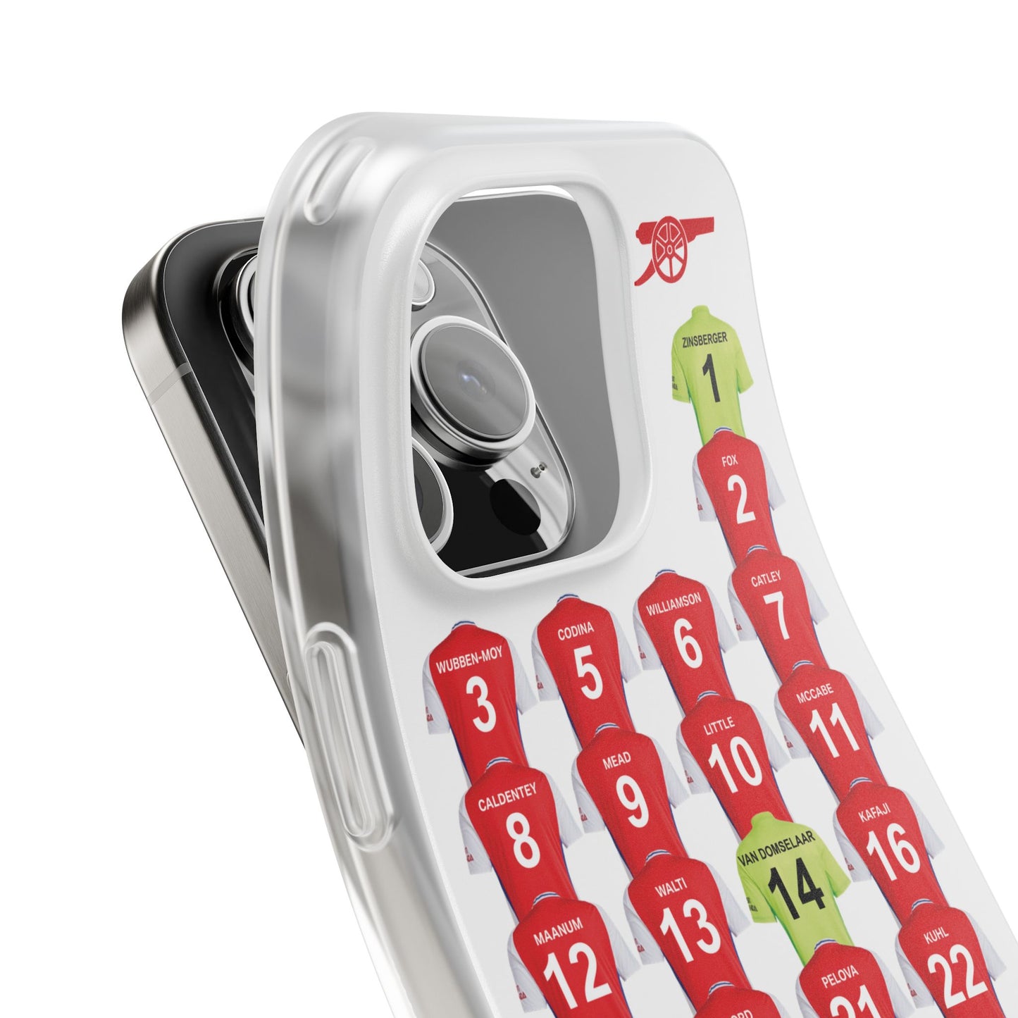 Arsenal Women Home Kit iPhone Flexi Case - iPhone 16, 15, 14, 13, 12, Mini/Plus/Pro/Pro Max - White