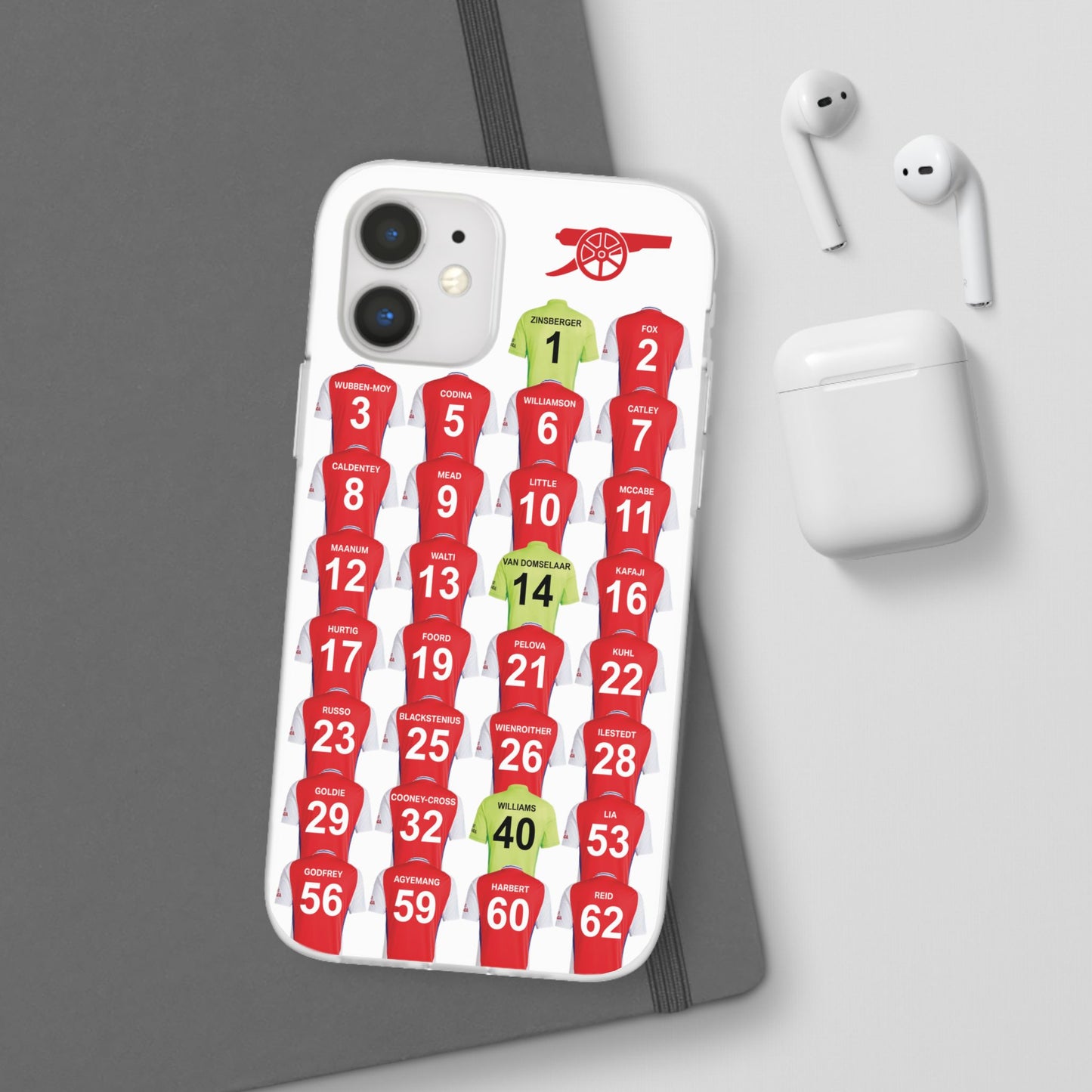 Arsenal Women Home Kit iPhone Flexi Case - iPhone 16, 15, 14, 13, 12, Mini/Plus/Pro/Pro Max - White