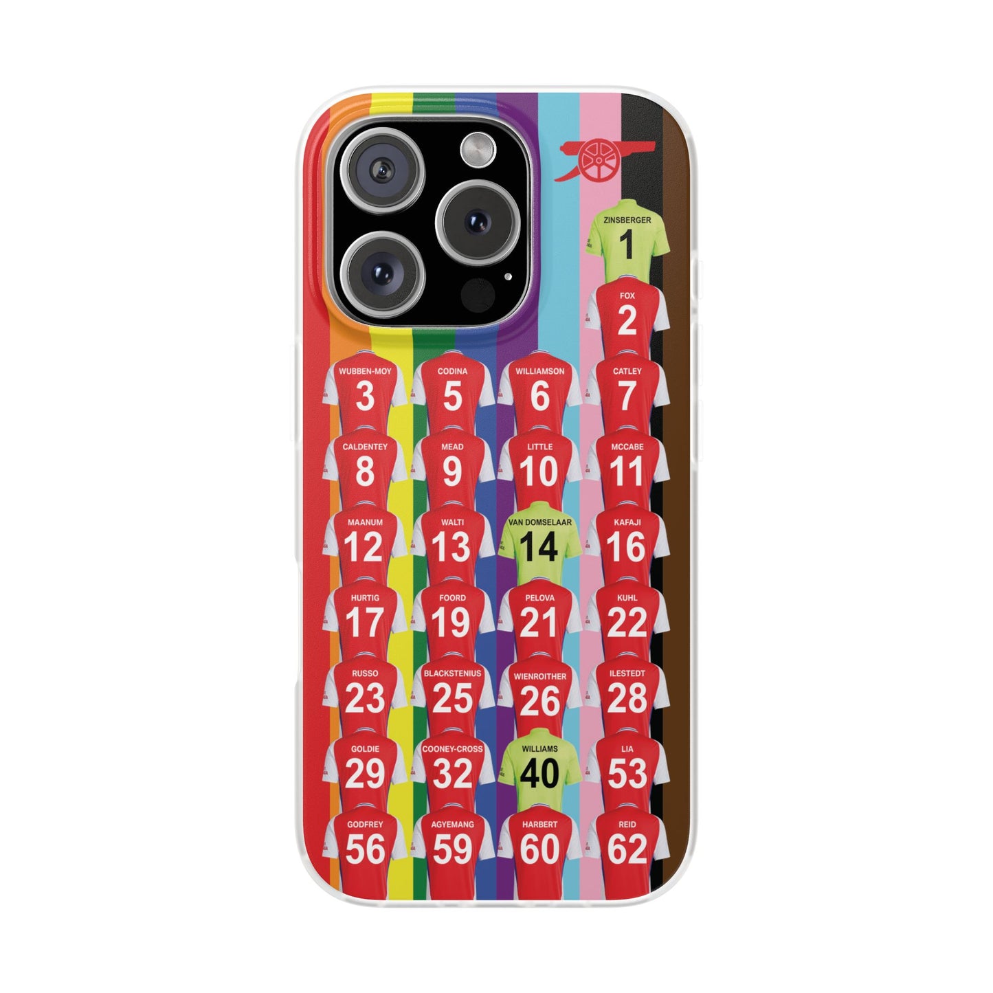 Arsenal Women Home Kit iPhone Flexi Case - iPhone 16, 15, 14, 13, 12, Mini/Plus/Pro/Pro Max - Rainbow