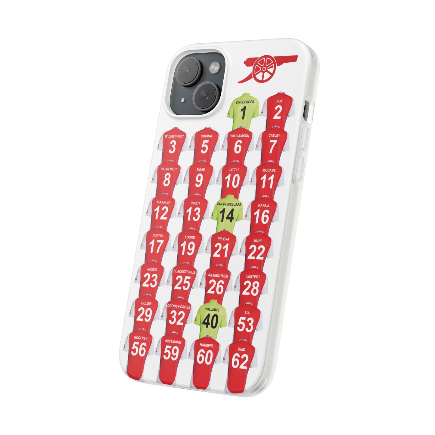 Arsenal Women Home Kit iPhone Flexi Case - iPhone 16, 15, 14, 13, 12, Mini/Plus/Pro/Pro Max - White