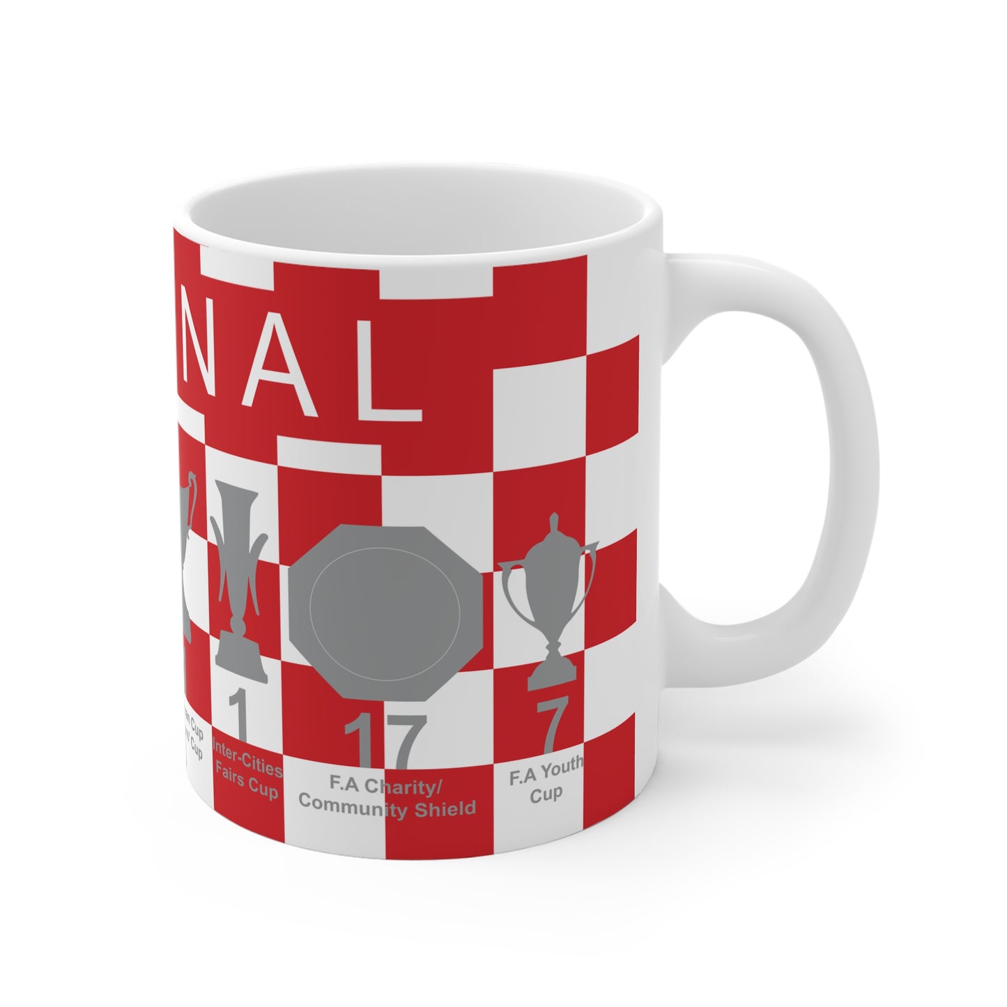 Arsenal Red & White Chequered Trophies Mug UPDATED - White Text