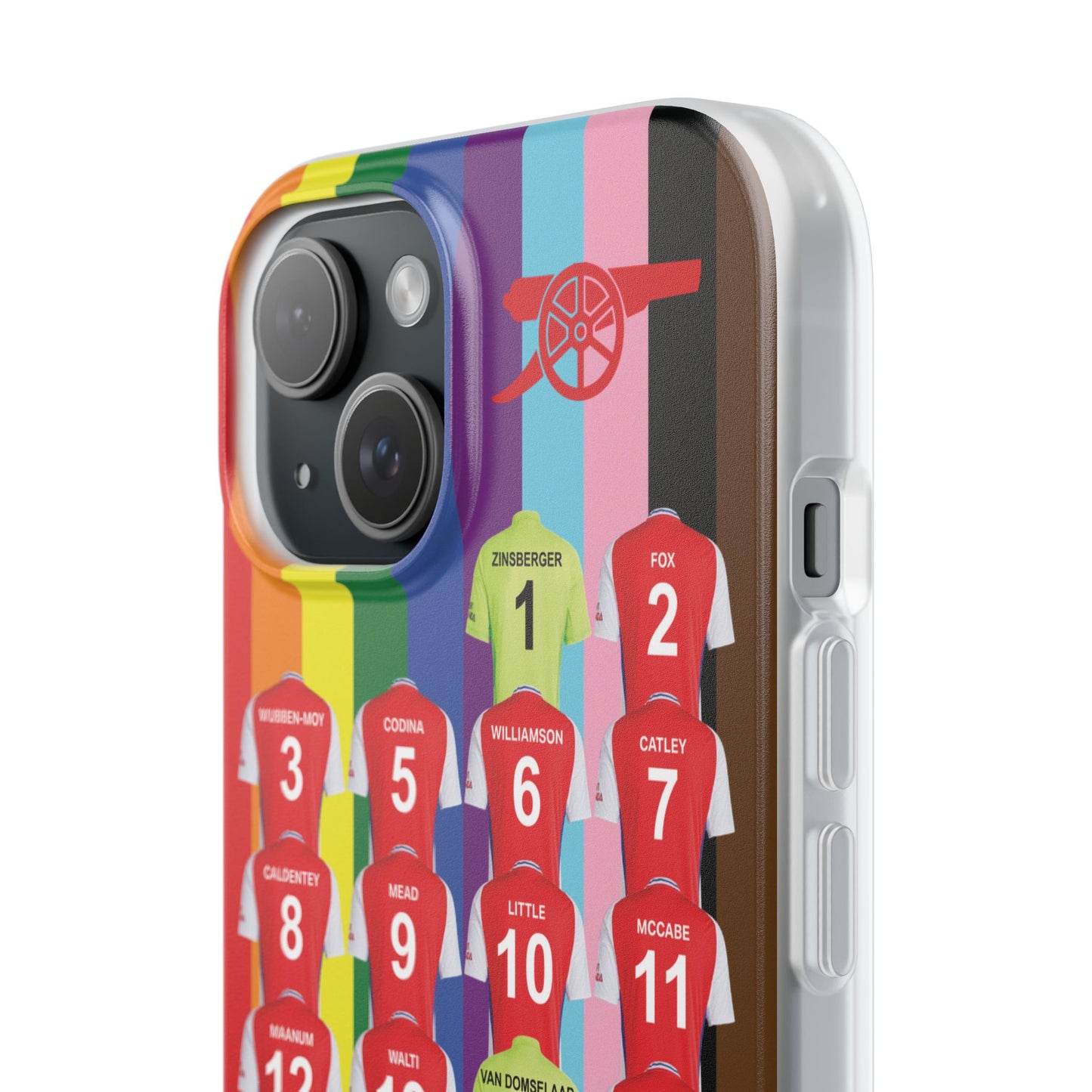 Arsenal Women Home Kit iPhone Flexi Case - iPhone 16, 15, 14, 13, 12, Mini/Plus/Pro/Pro Max - Rainbow