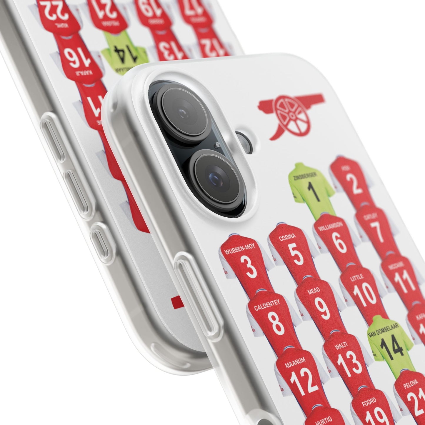 Arsenal Women Home Kit iPhone Flexi Case - iPhone 16, 15, 14, 13, 12, Mini/Plus/Pro/Pro Max - White