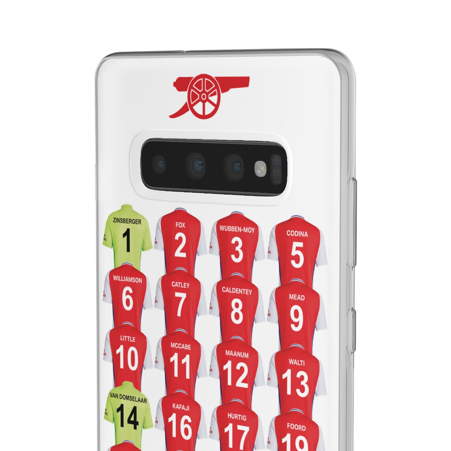 Arsenal Women Home Kit Samsung Galaxy Flexi Case - Samsung Galaxy S23, S22, S21, S10, Plus/Ultra - White