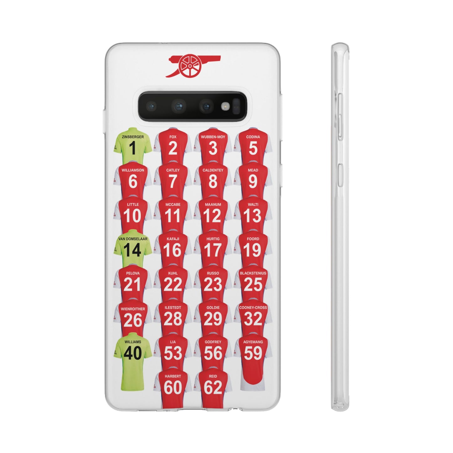 Arsenal Women Home Kit Samsung Galaxy Flexi Case - Samsung Galaxy S23, S22, S21, S10, Plus/Ultra - White