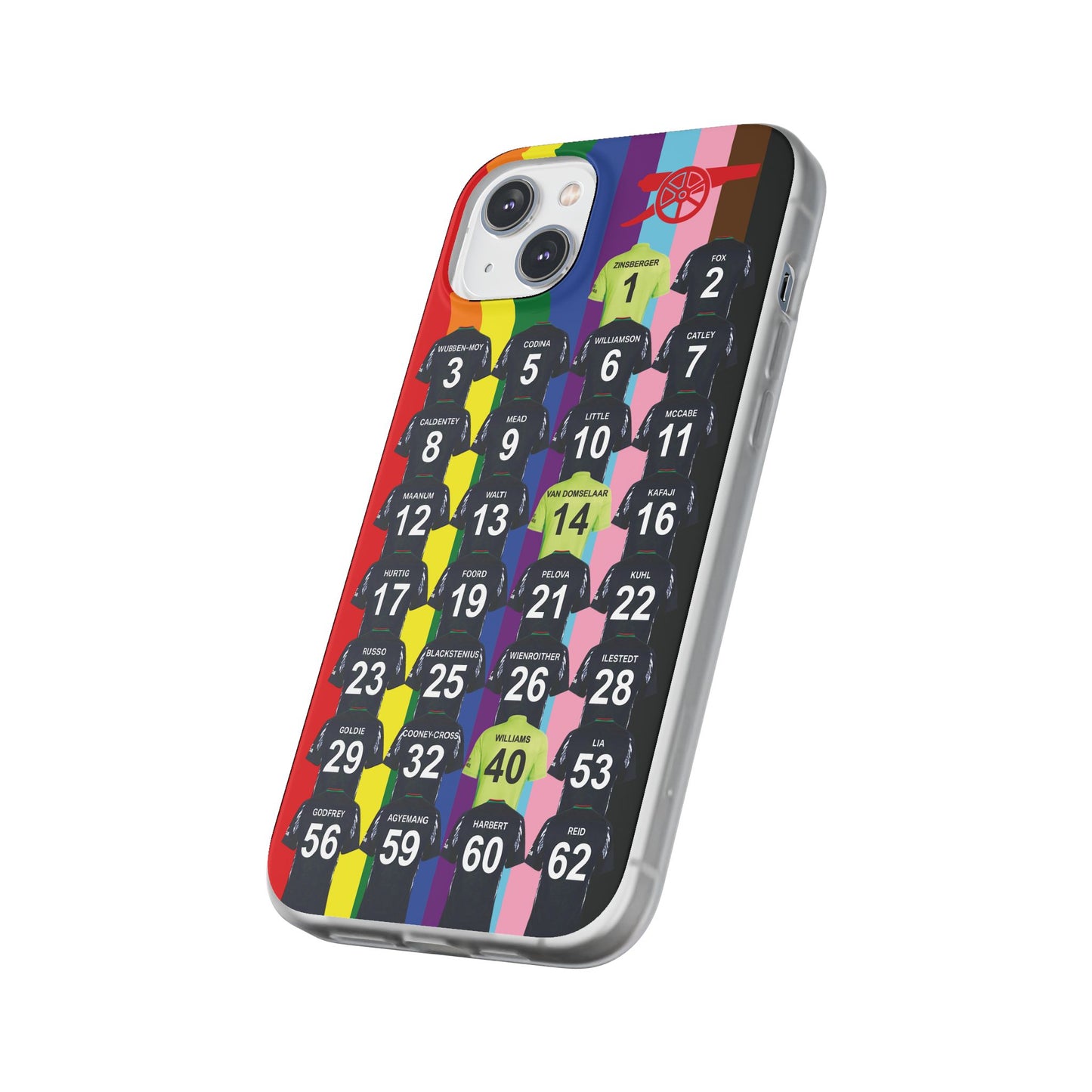 Arsenal Women Away Kit iPhone Flexi Case - iPhone 16, 15, 14, 13, 12, Mini/Plus/Pro/Pro Max - Rainbow