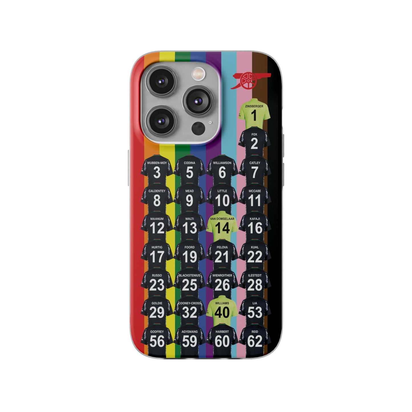 Arsenal Women Away Kit iPhone Flexi Case - iPhone 16, 15, 14, 13, 12, Mini/Plus/Pro/Pro Max - Rainbow