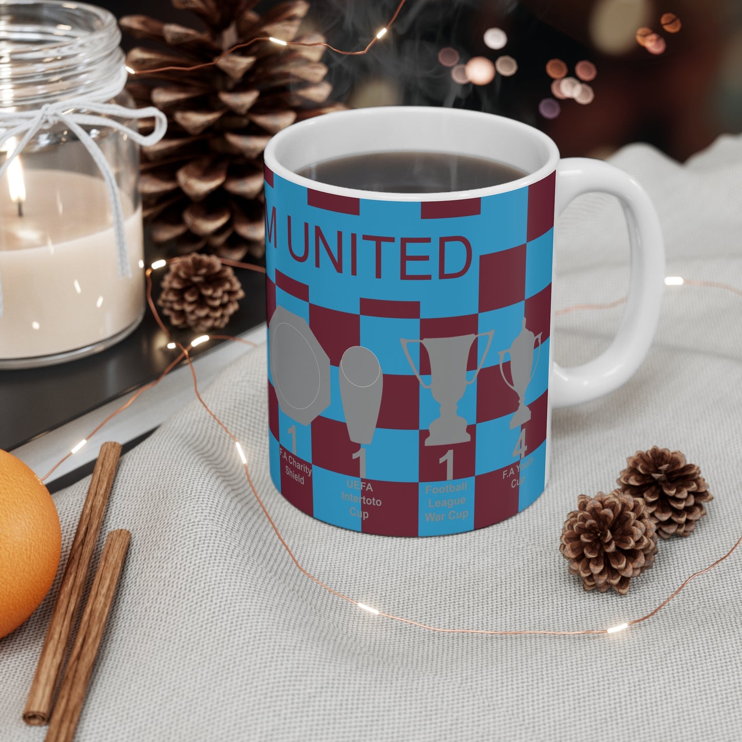 West Ham United Claret & Blue Chequered Trophies Mug - Claret Text