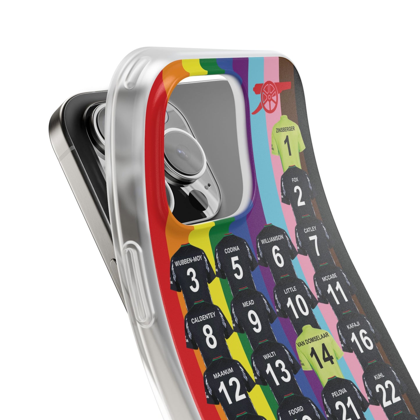 Arsenal Women Away Kit iPhone Flexi Case - iPhone 16, 15, 14, 13, 12, Mini/Plus/Pro/Pro Max - Rainbow