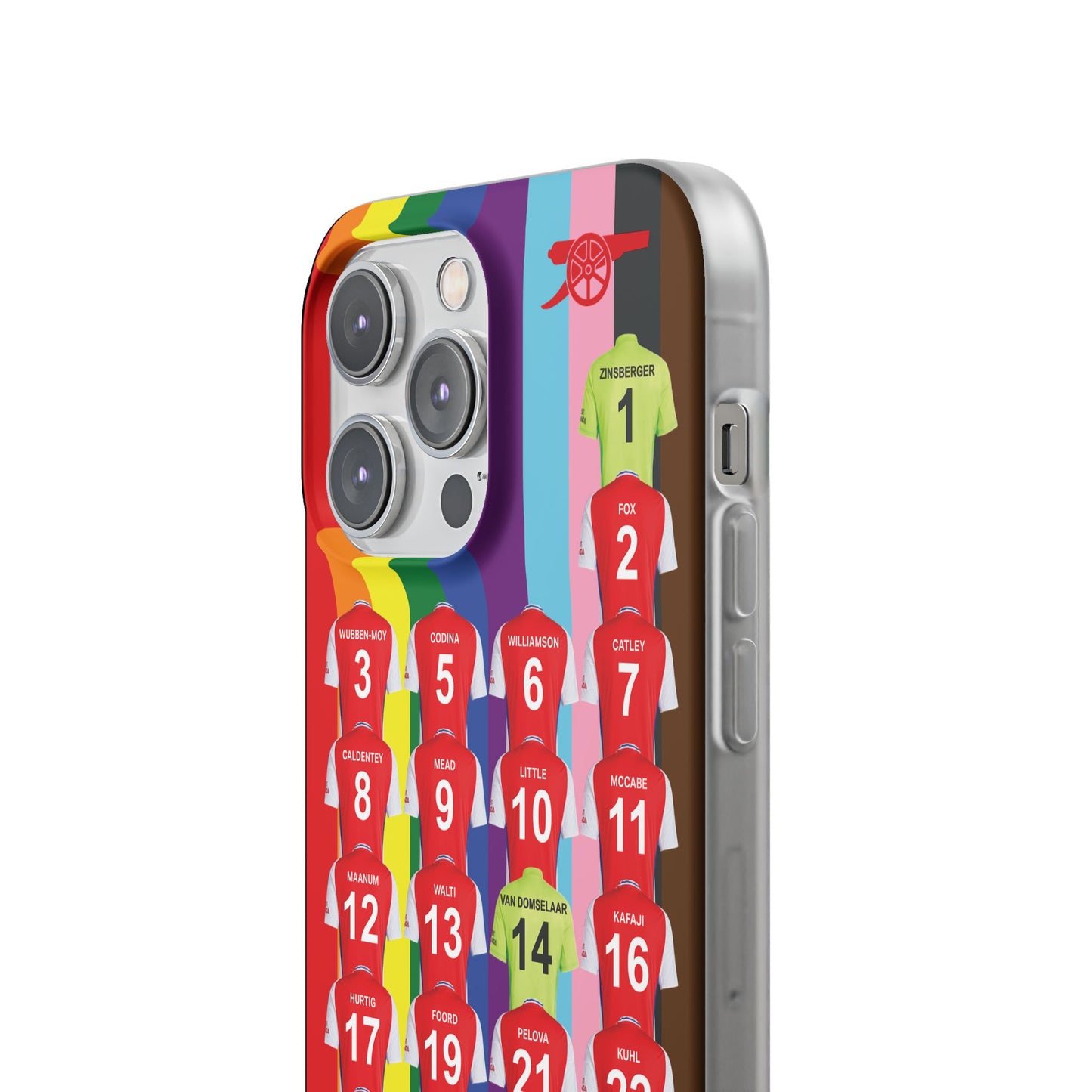 Arsenal Women Home Kit iPhone Flexi Case - iPhone 16, 15, 14, 13, 12, Mini/Plus/Pro/Pro Max - Rainbow