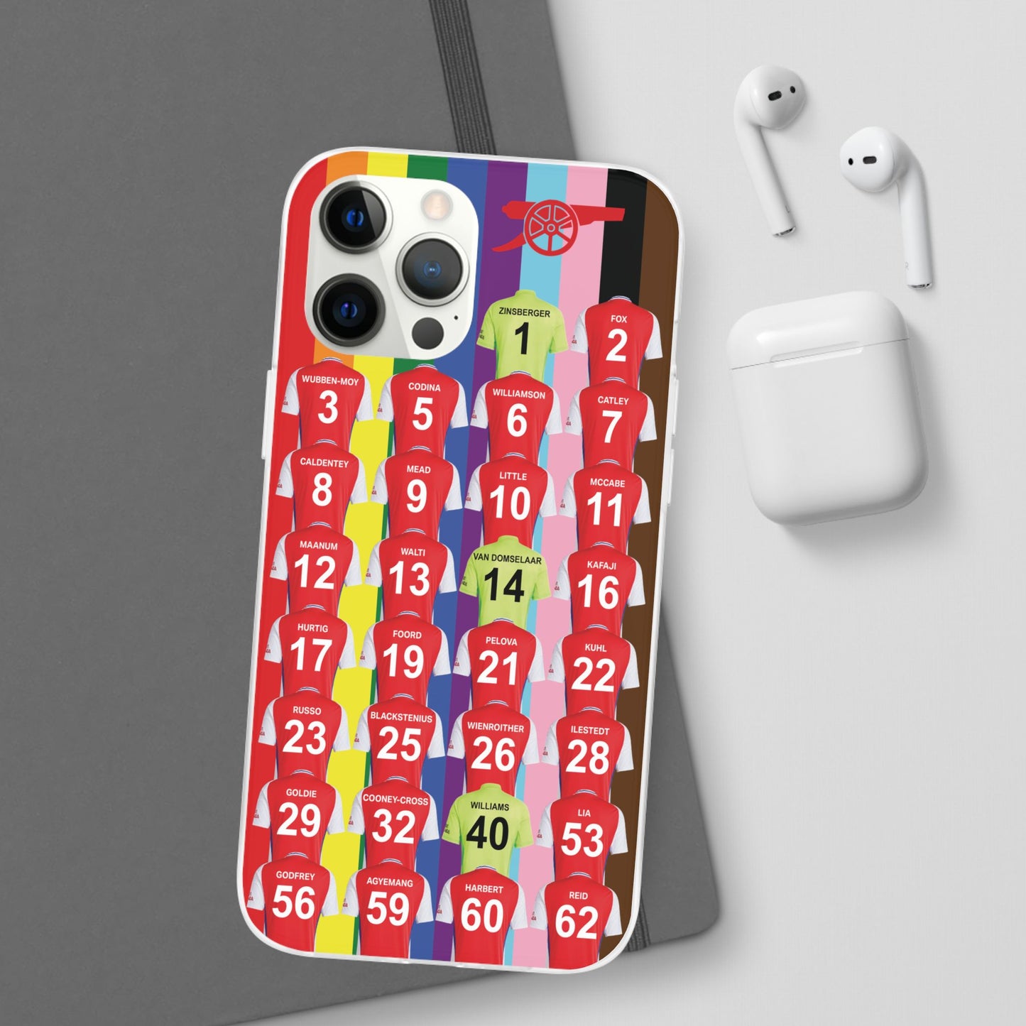 Arsenal Women Home Kit iPhone Flexi Case - iPhone 16, 15, 14, 13, 12, Mini/Plus/Pro/Pro Max - Rainbow