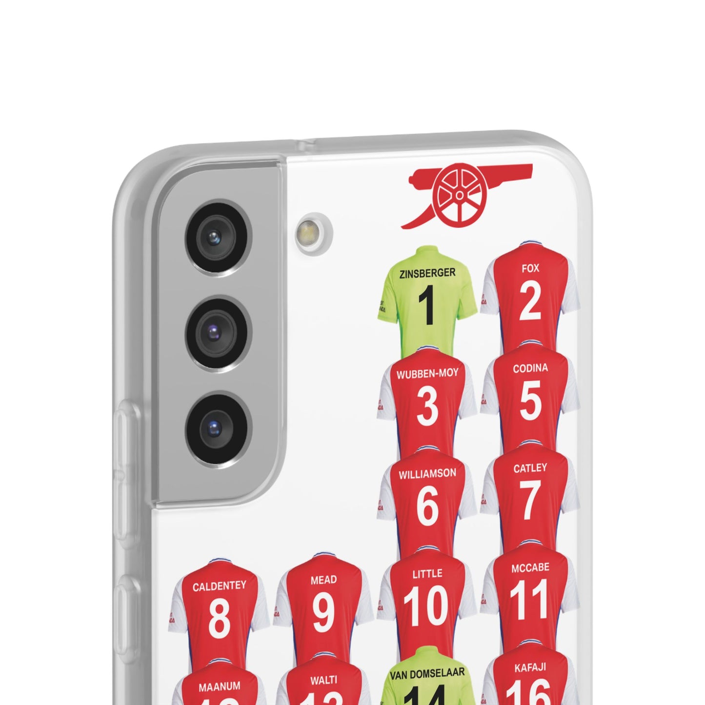 Arsenal Women Home Kit Samsung Galaxy Flexi Case - Samsung Galaxy S23, S22, S21, S10, Plus/Ultra - White