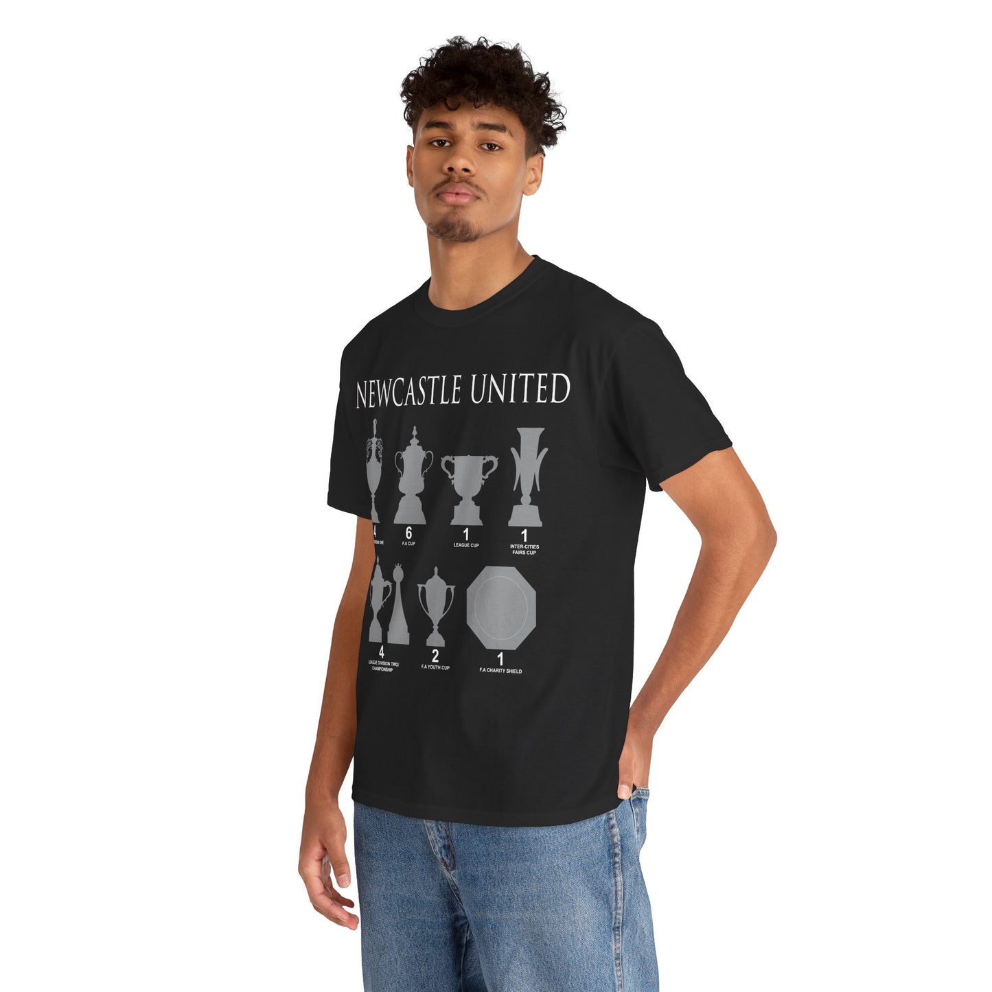 Newcastle United Trophies Unisex Heavy Cotton T-Shirt UPDATED - Black/White/Sport Grey/Charcoal