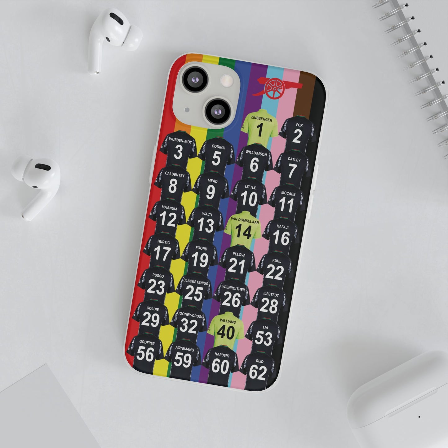 Arsenal Women Away Kit iPhone Flexi Case - iPhone 16, 15, 14, 13, 12, Mini/Plus/Pro/Pro Max - Rainbow